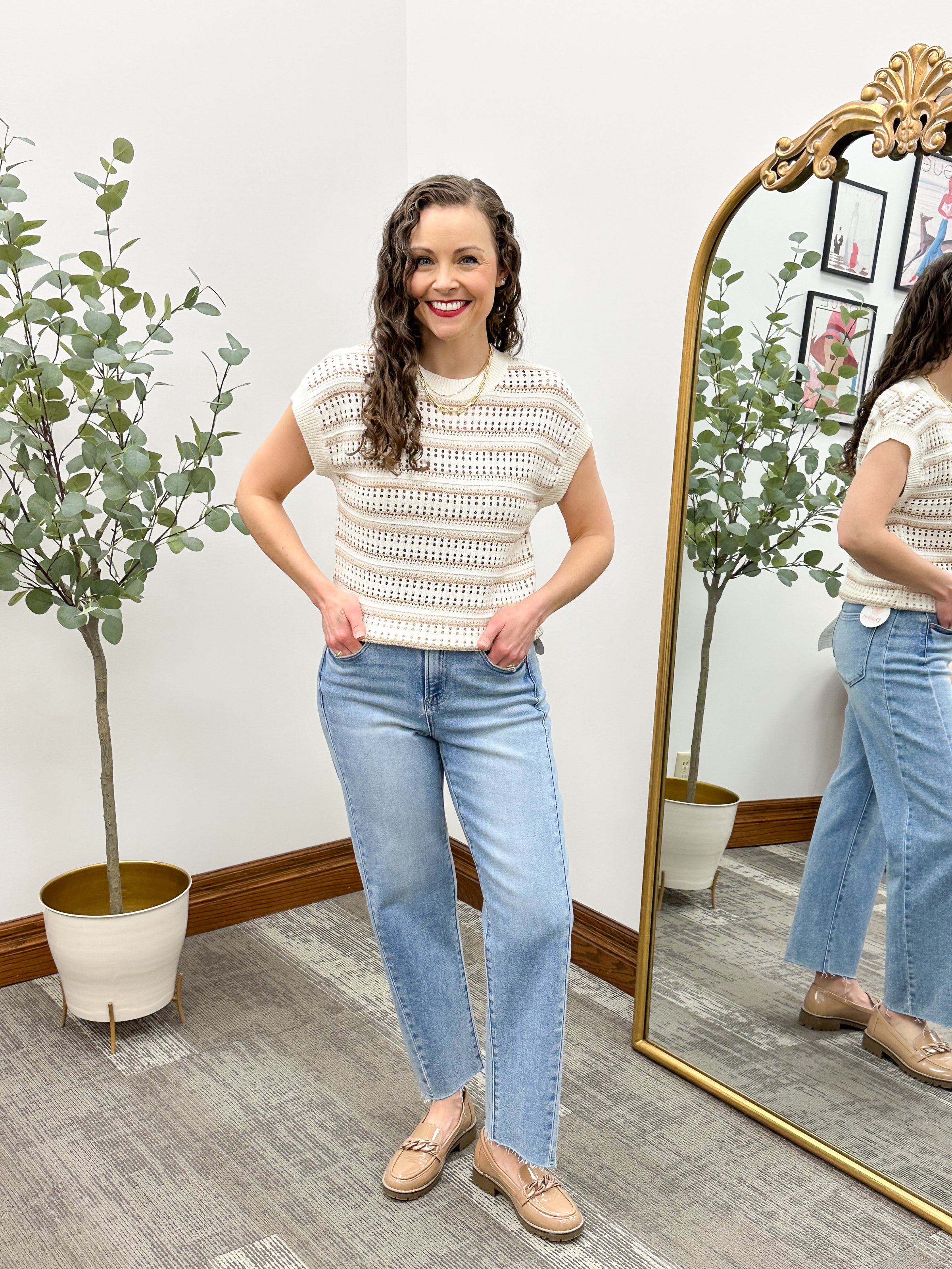 Neutral Open Knit Short Sleeve Sweater