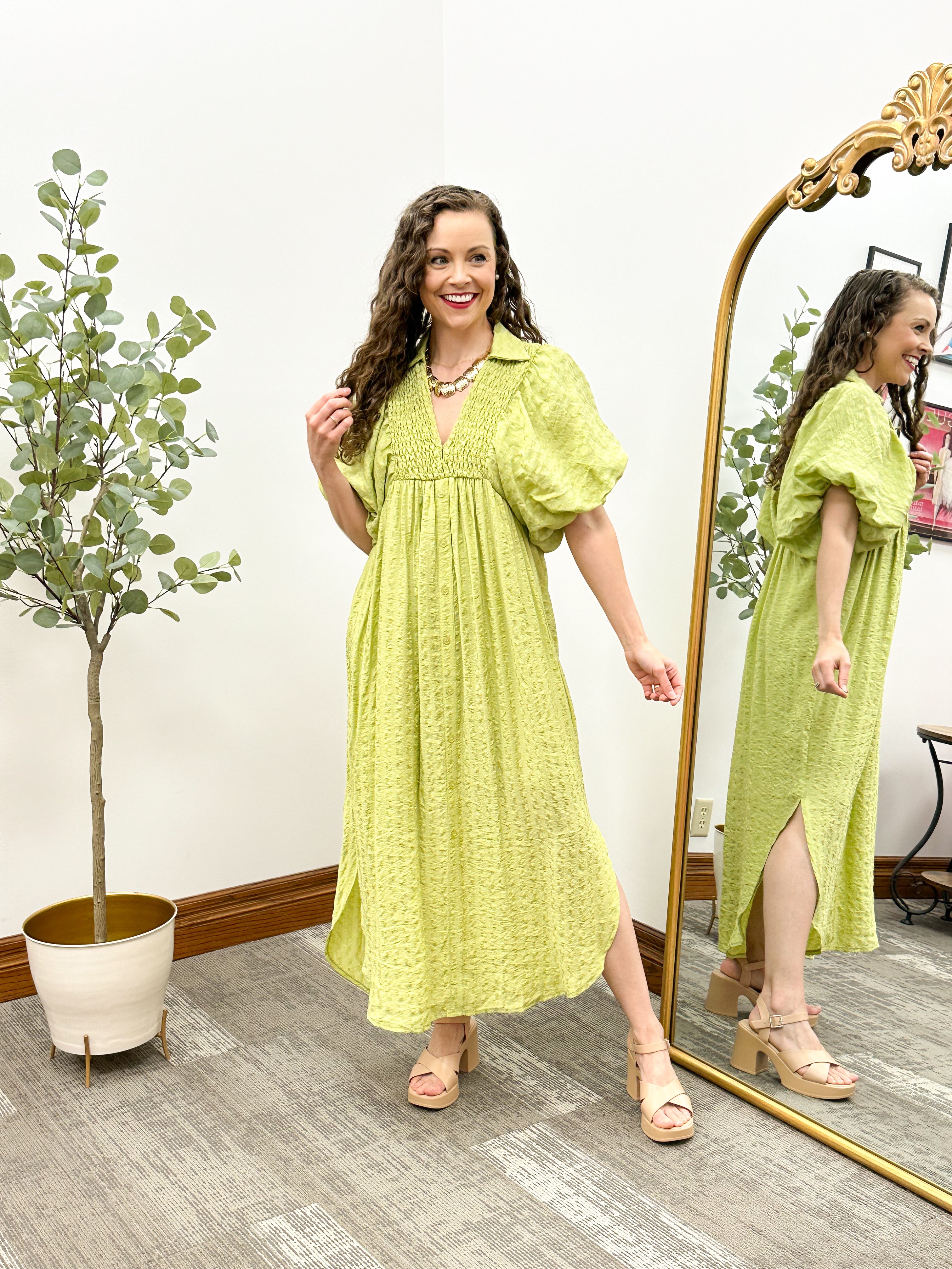 Monica Lime Puff Sleeve Midi Dress