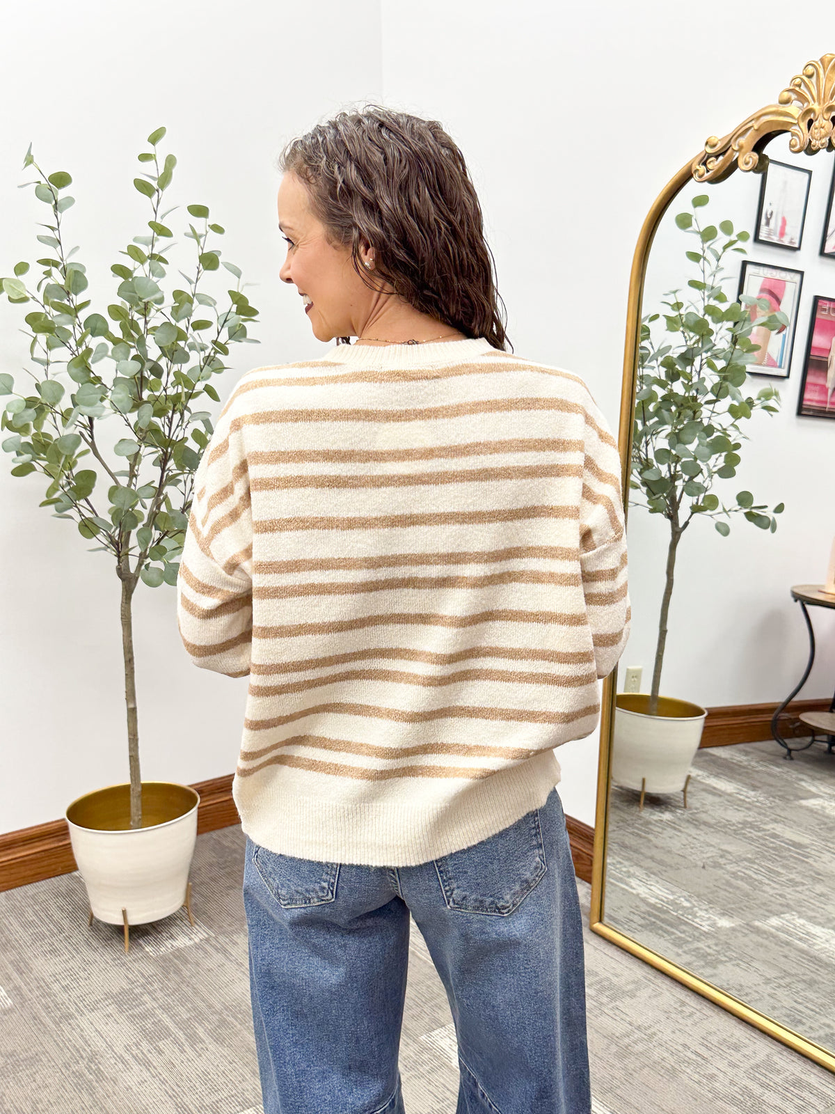 Taupe & Cream Striped Crew Neck Sweater