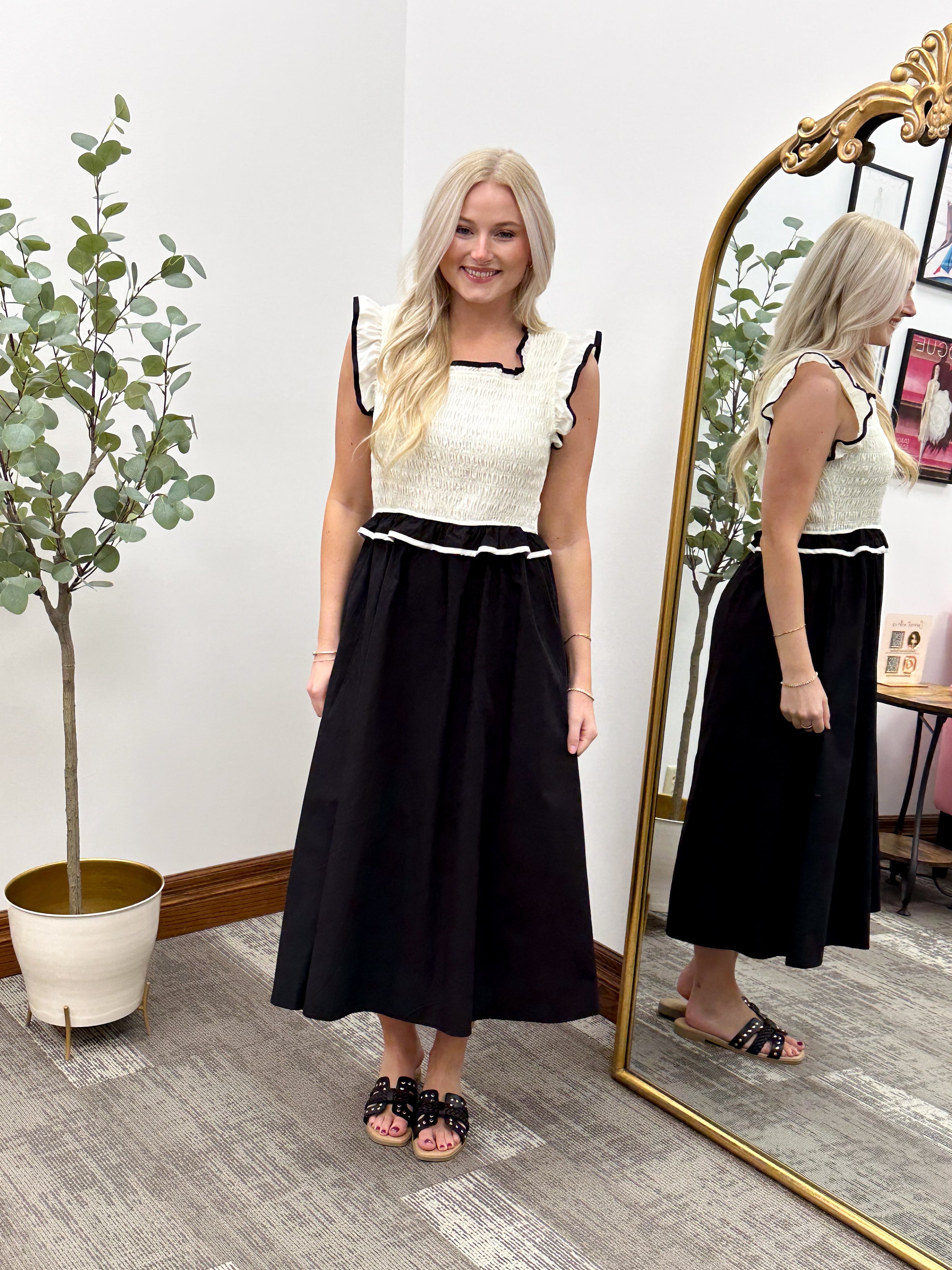 Black and cream smocked midi dress, black dress with pockets, neutral midi dress, cute long dress