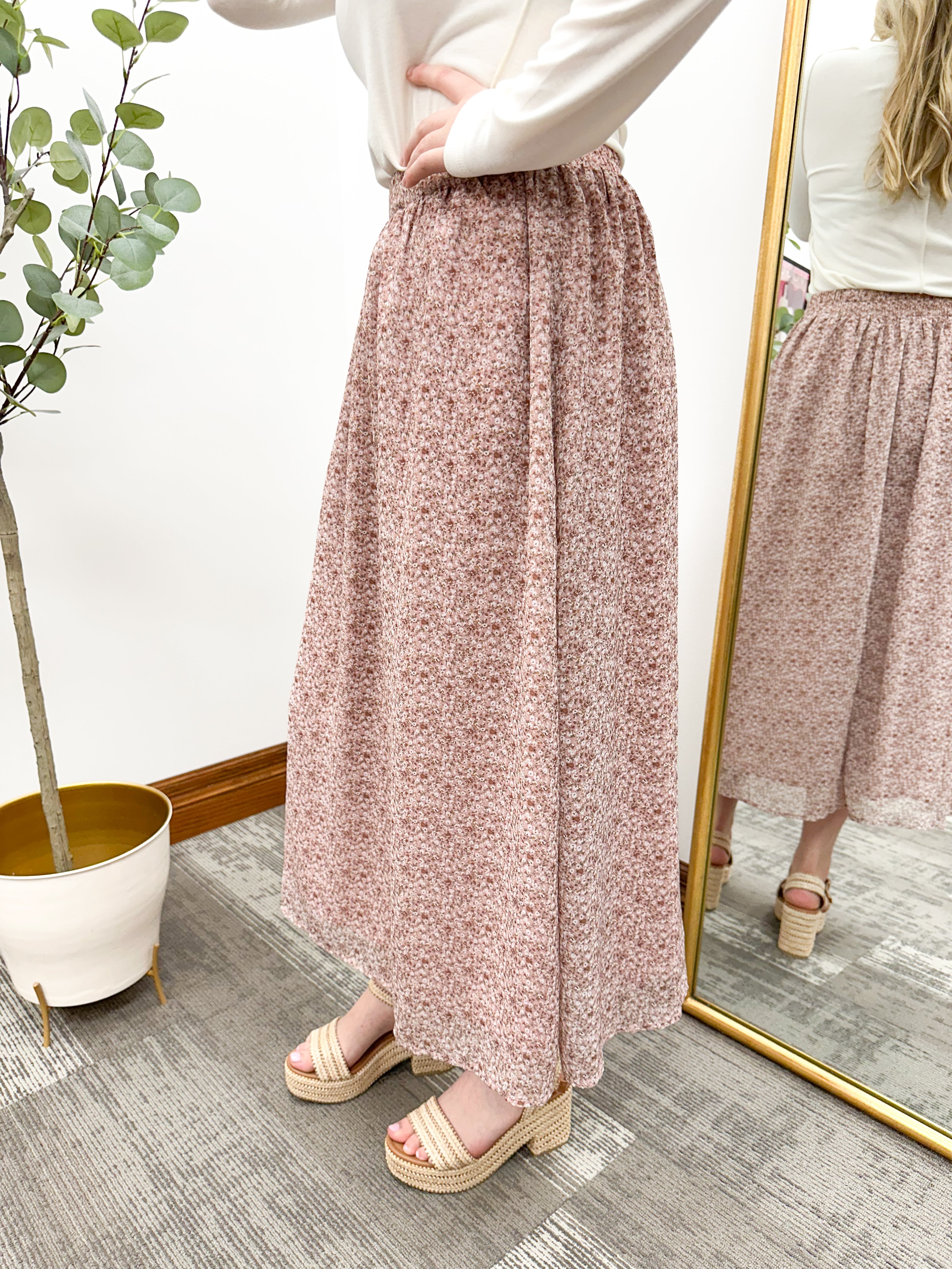 Mauve Floral Print Chiffon Midi Skirt