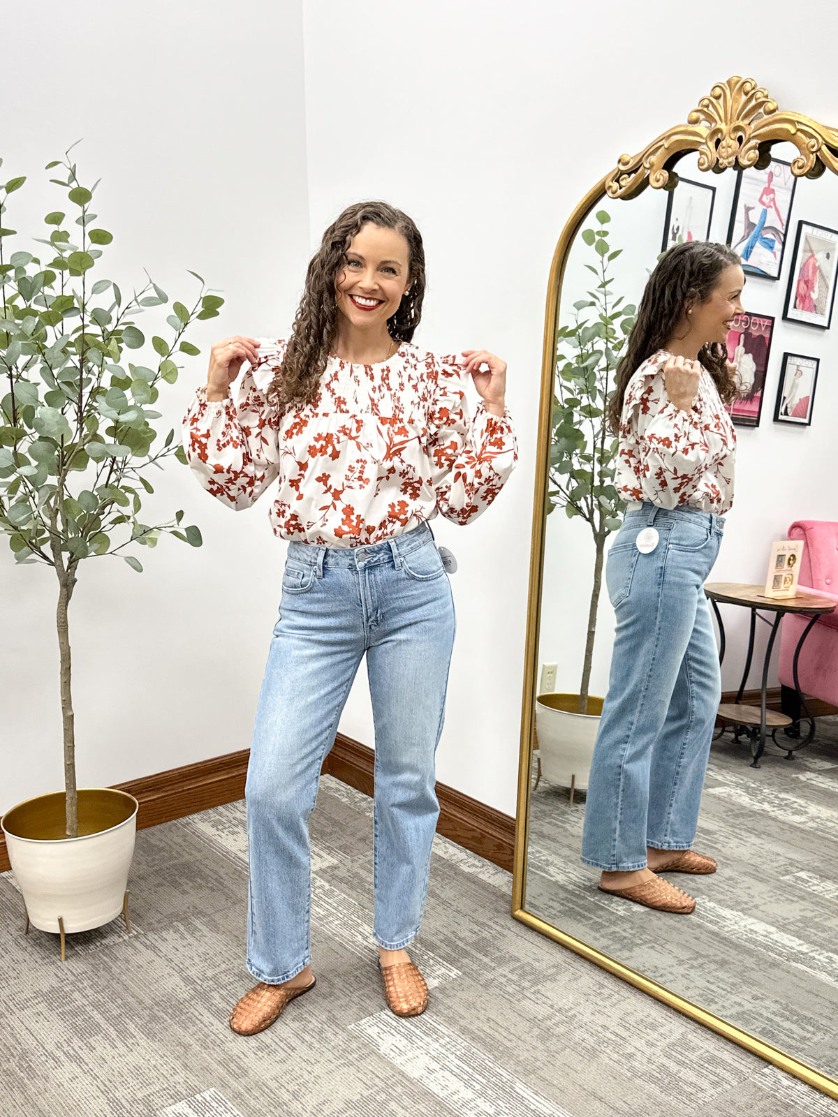 Ivory & Rust Floral Ruffle Blouse