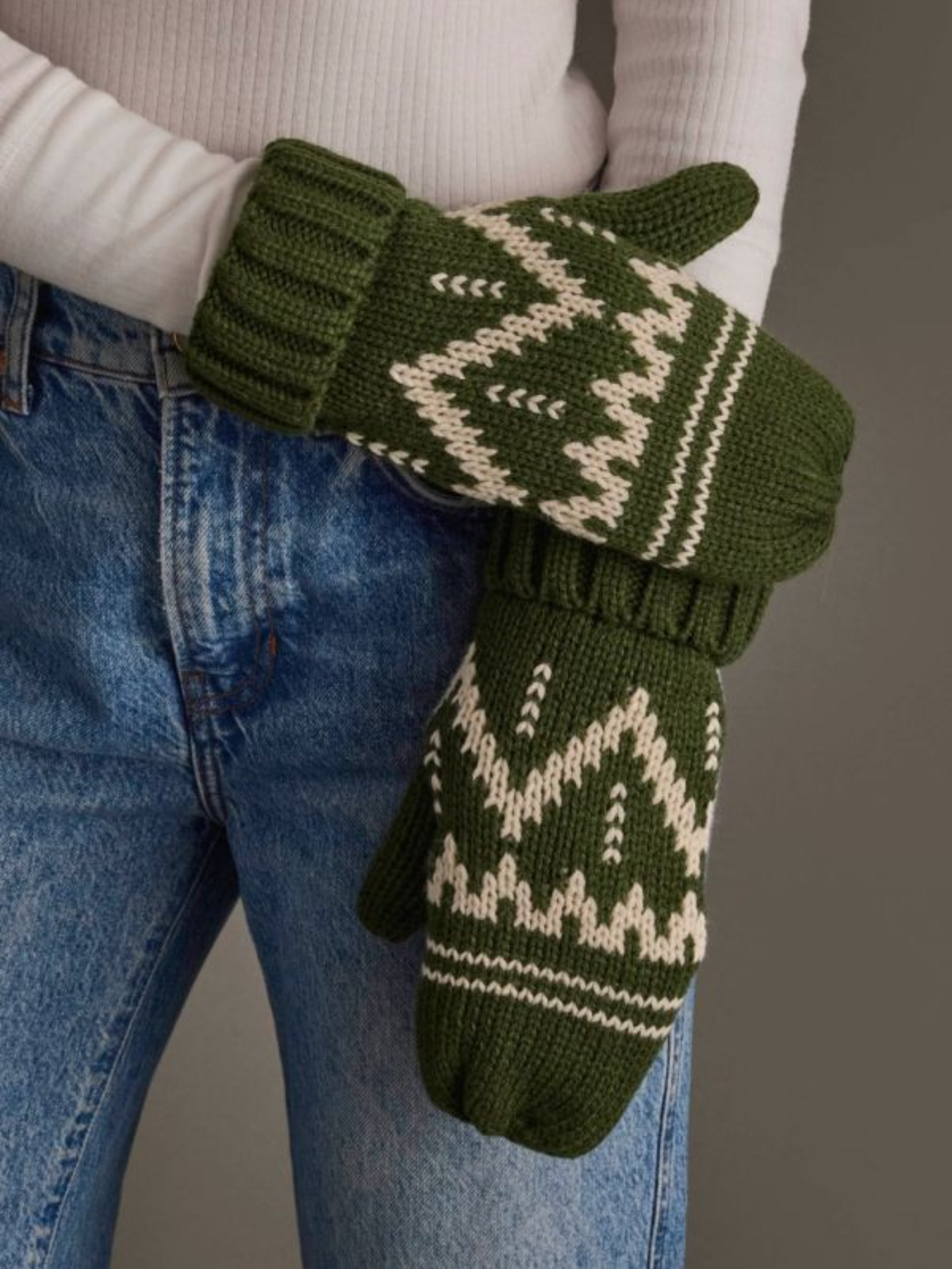 Olive & Cream Patterned Mittens