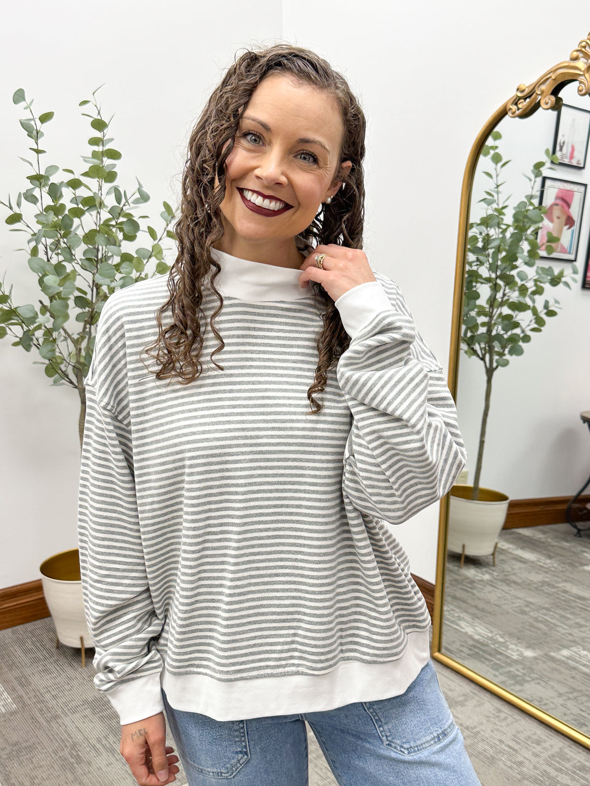 Striped Brushed Mock Neck Knit Top