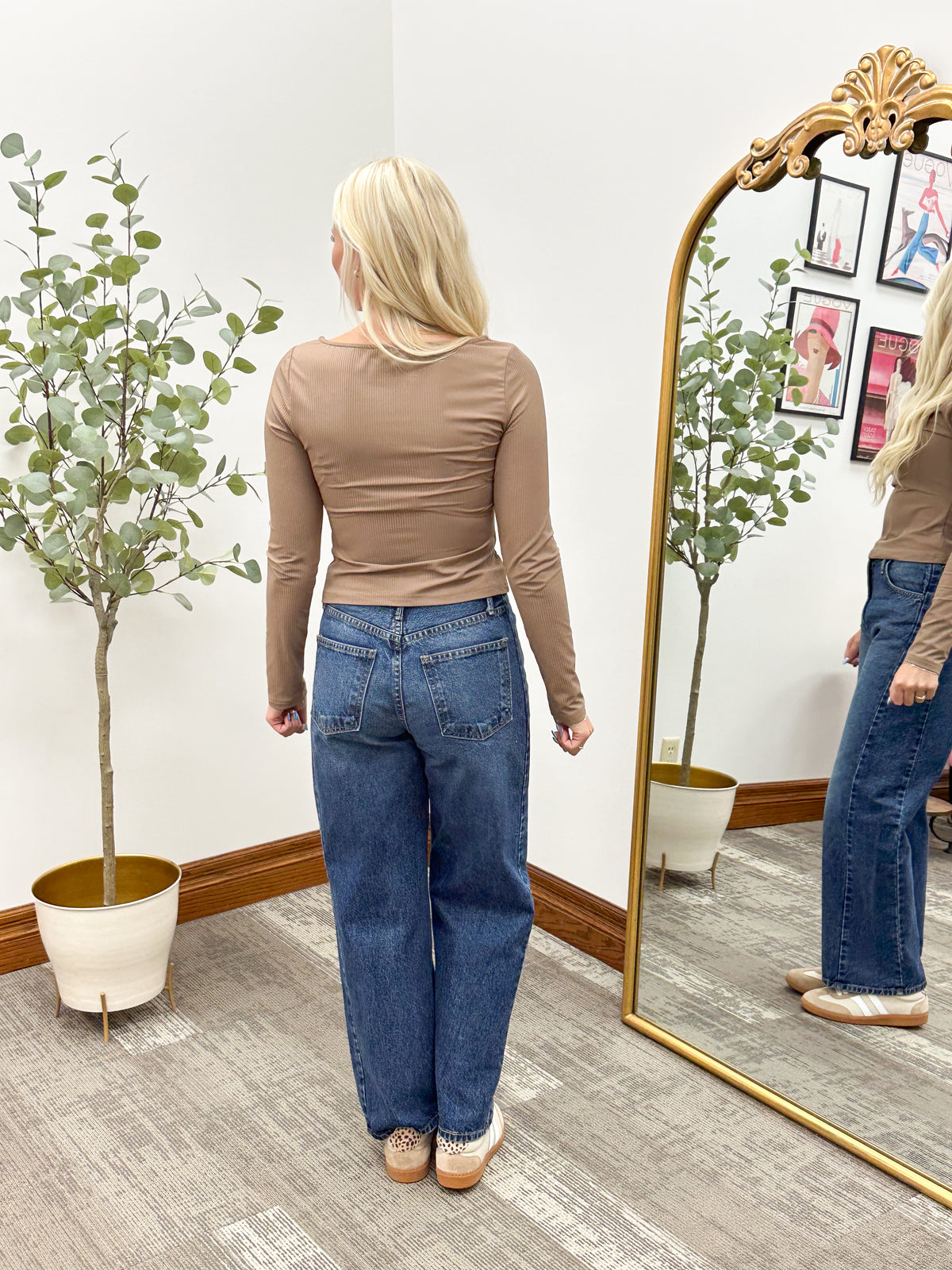 Mocha Ribbed Boatneck Long Sleeve Top