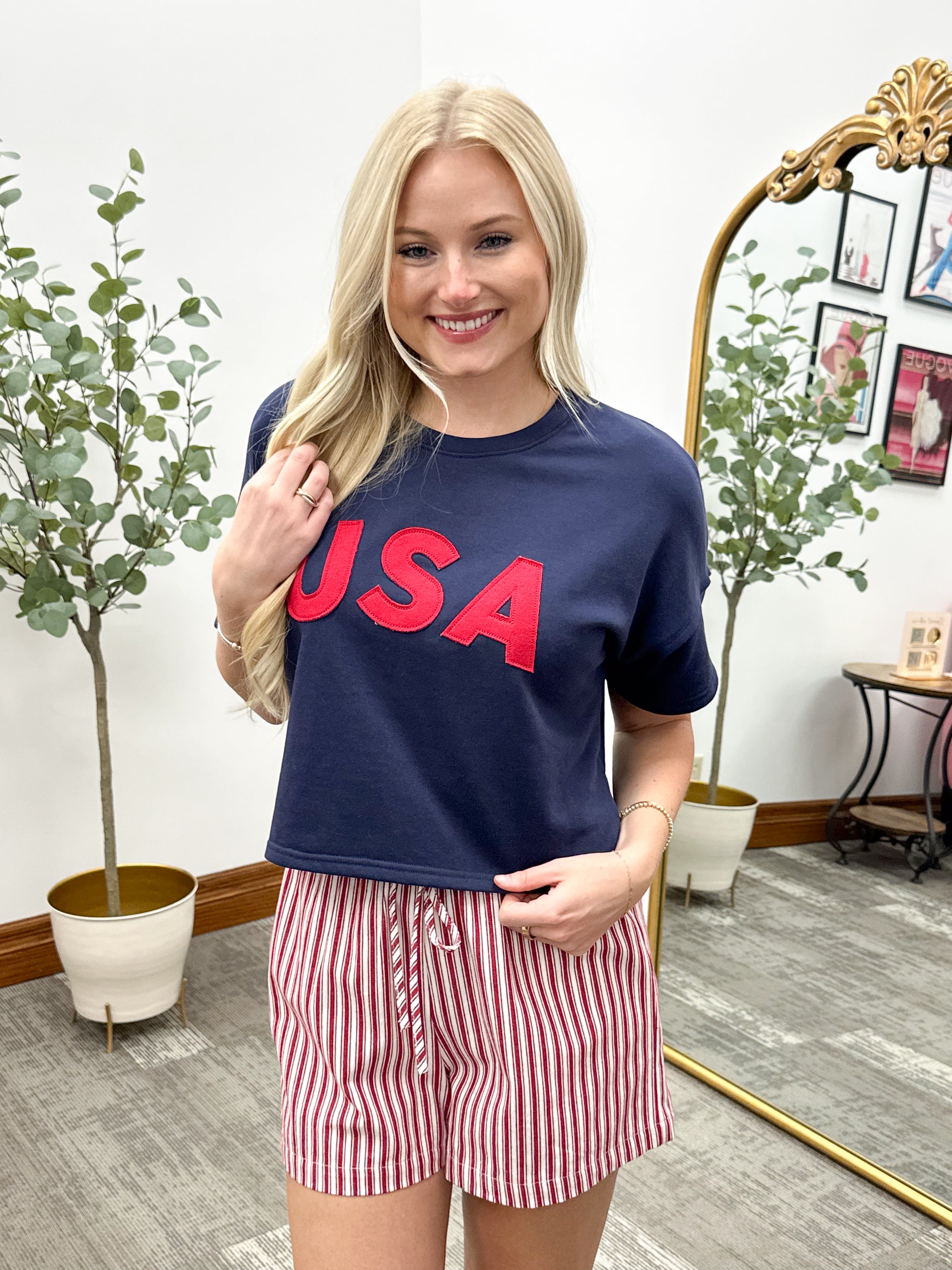 Navy Cropped USA Tee, Cropped USA T-shirt, 4th of July Shirt
