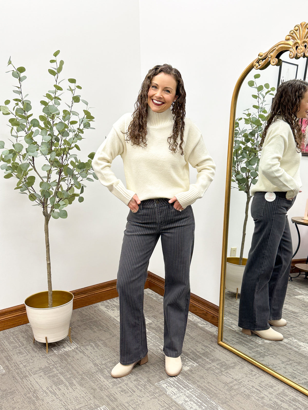 High Rise Gray Striped Straight Leg Jeans