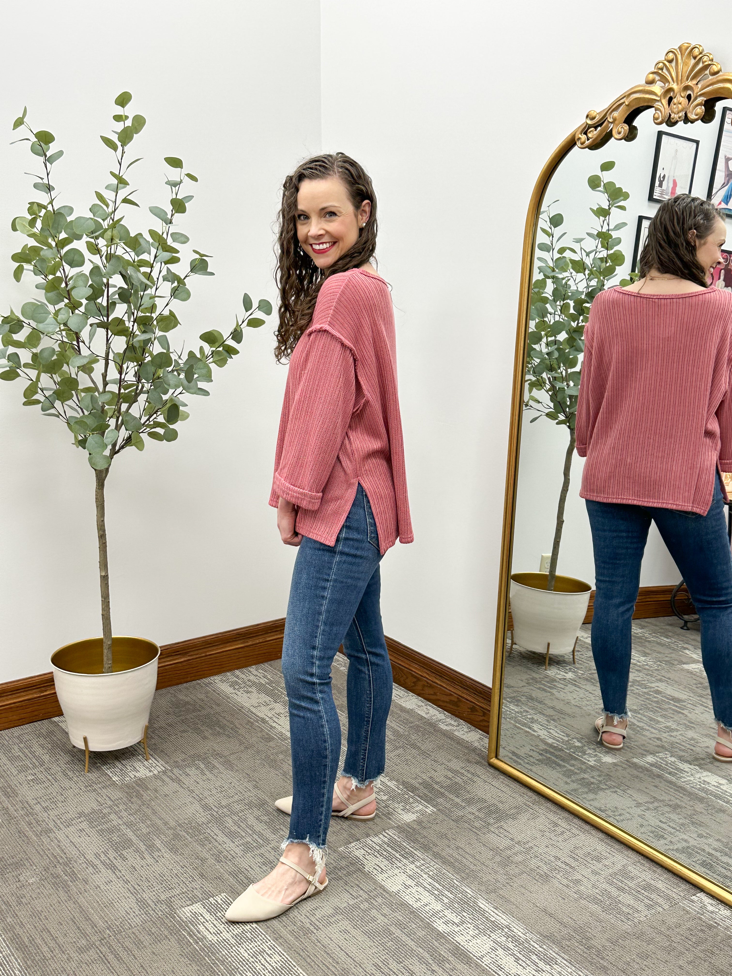 Oversized 3/4 Sleeve Mauve Knit Top