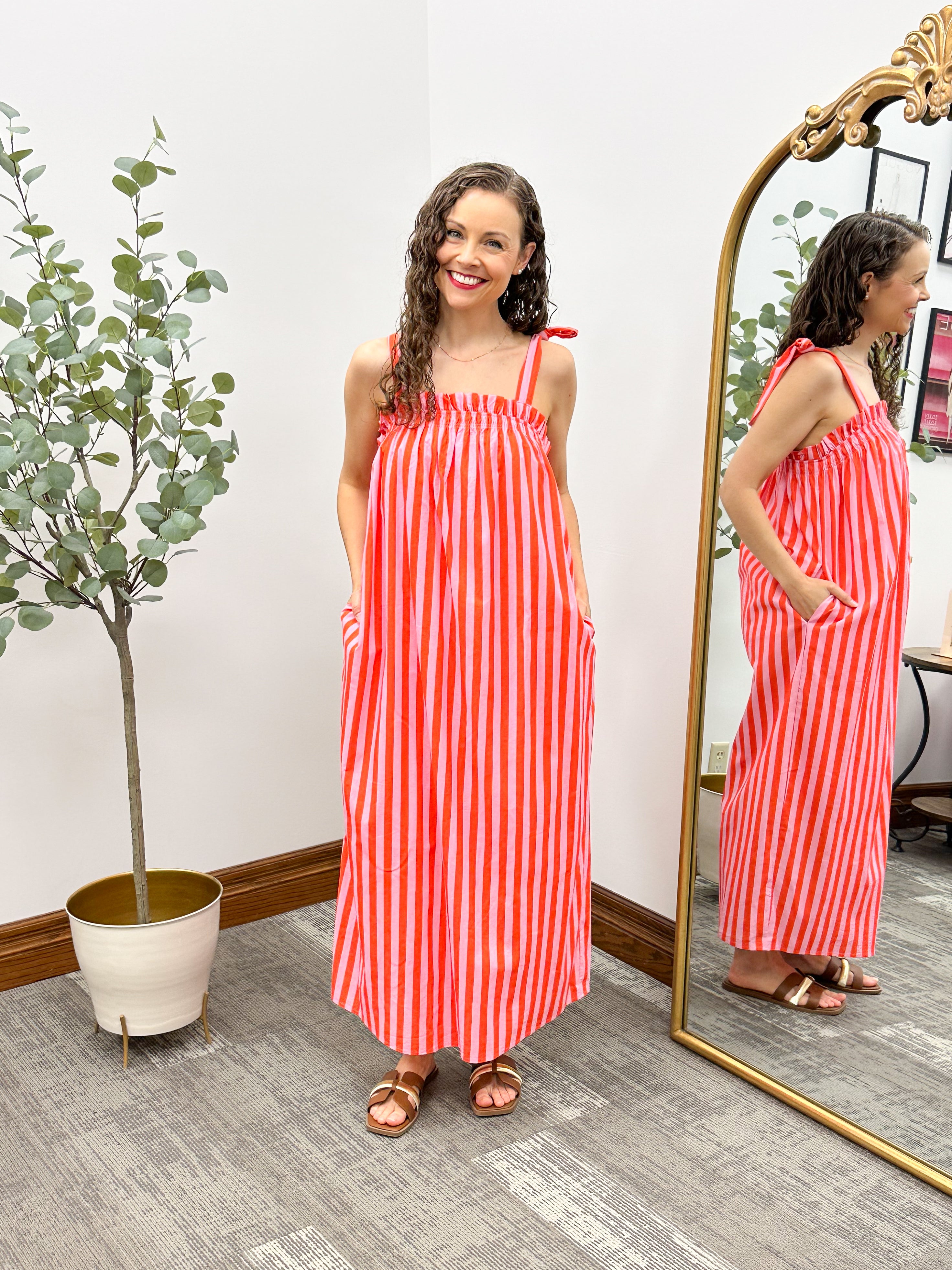 Pink & Red Stripe Tie Strap Midi Dress