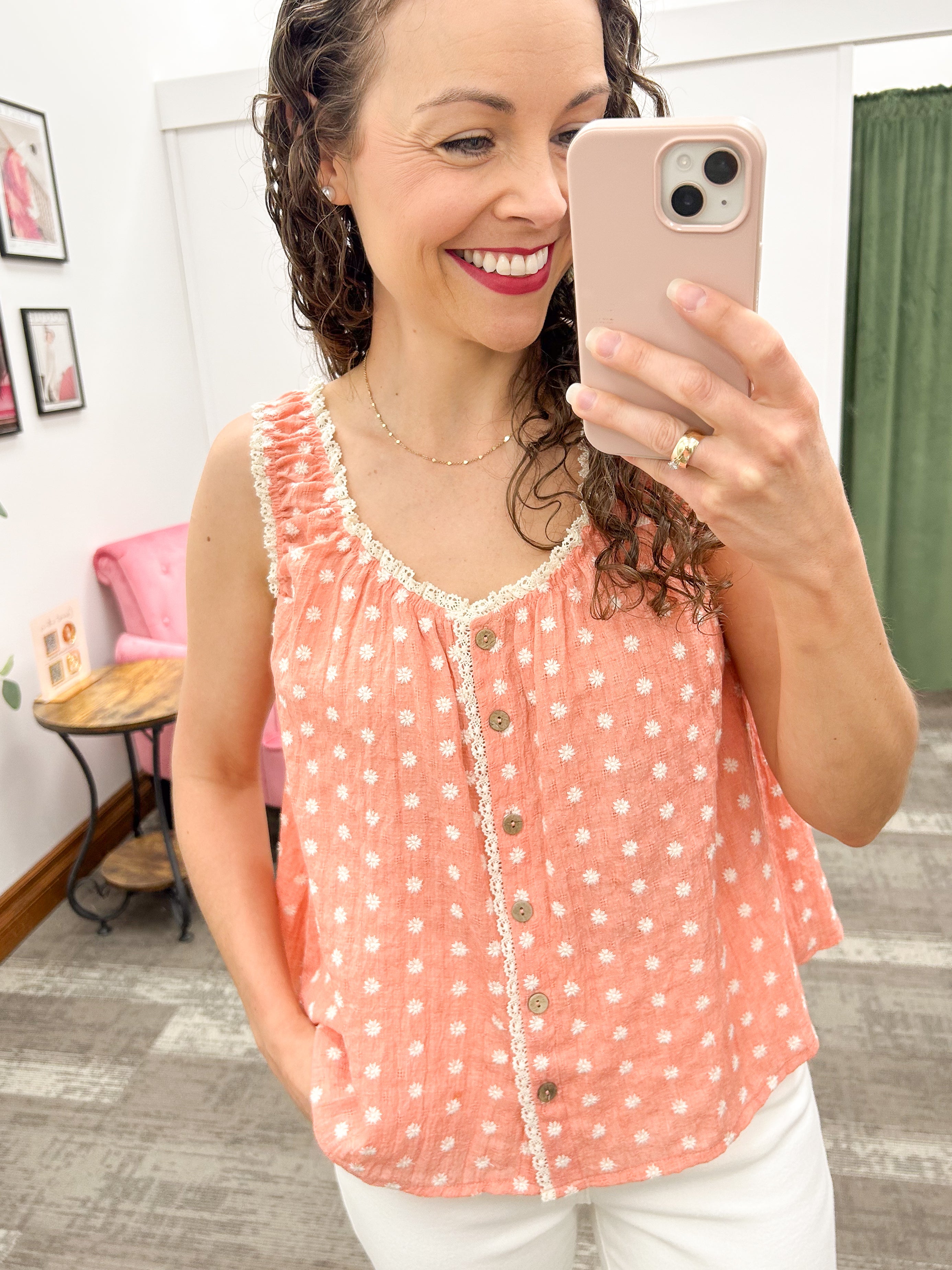 Coral Floral Embroidered Tank Top