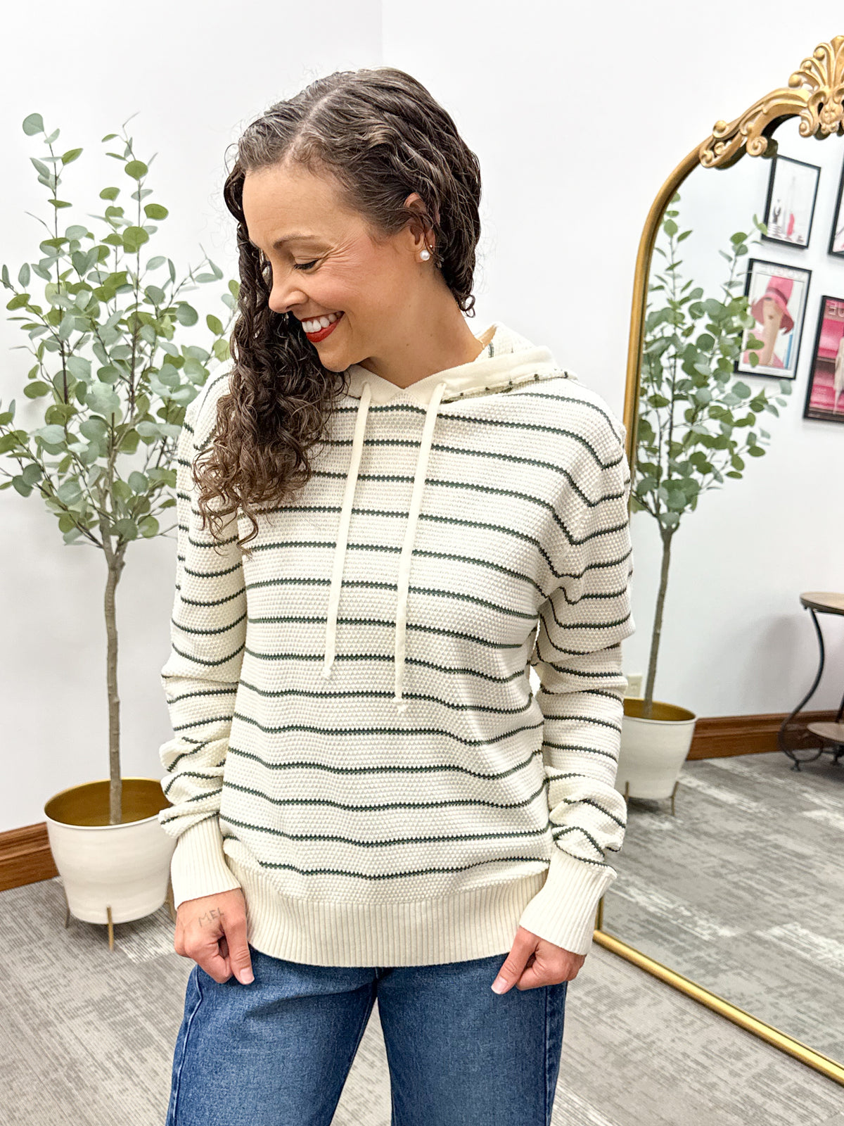 Striped Waffle Knit Hooded Sweater
