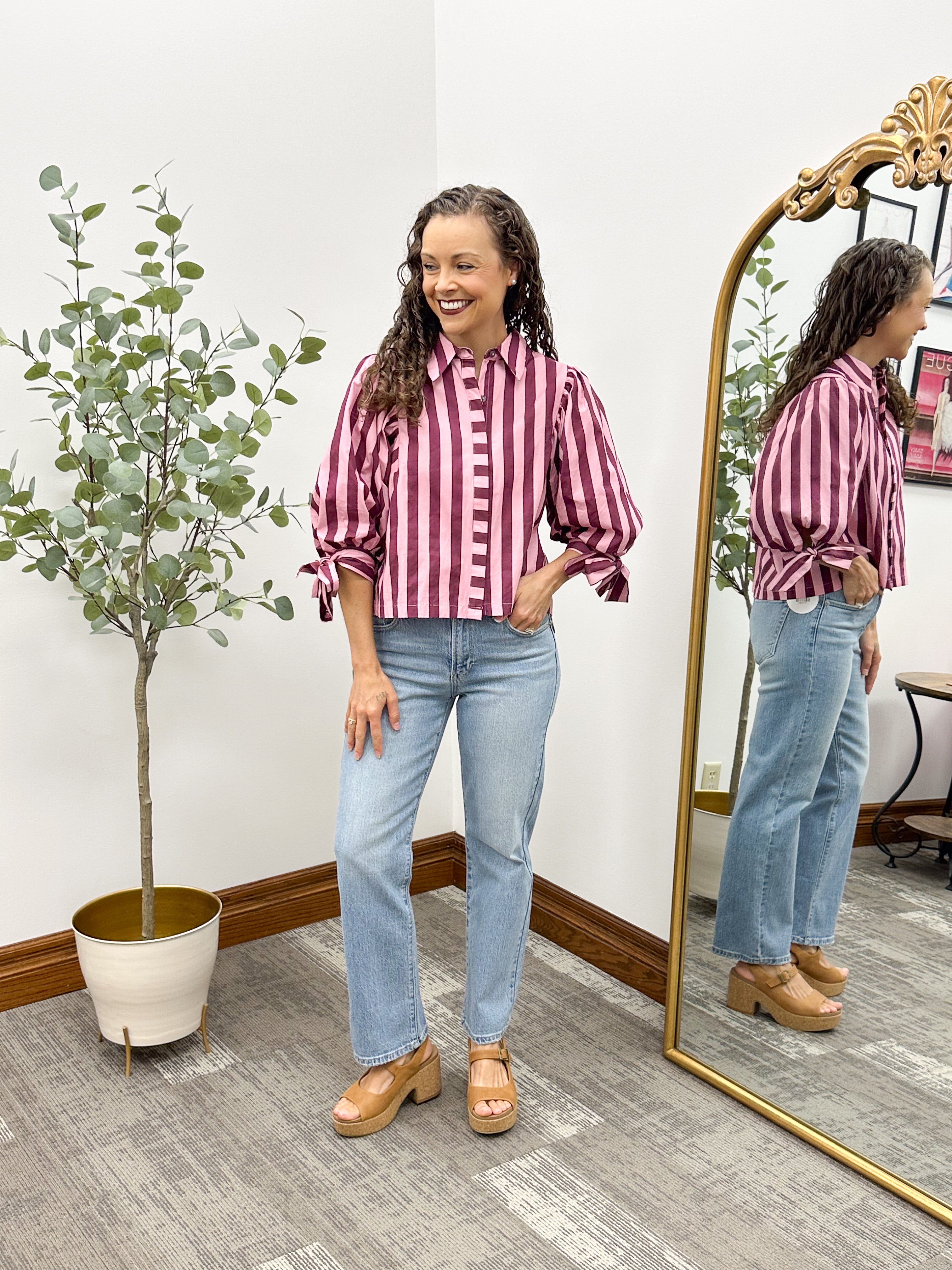 Tie Sleeve Striped Button Up Blouse