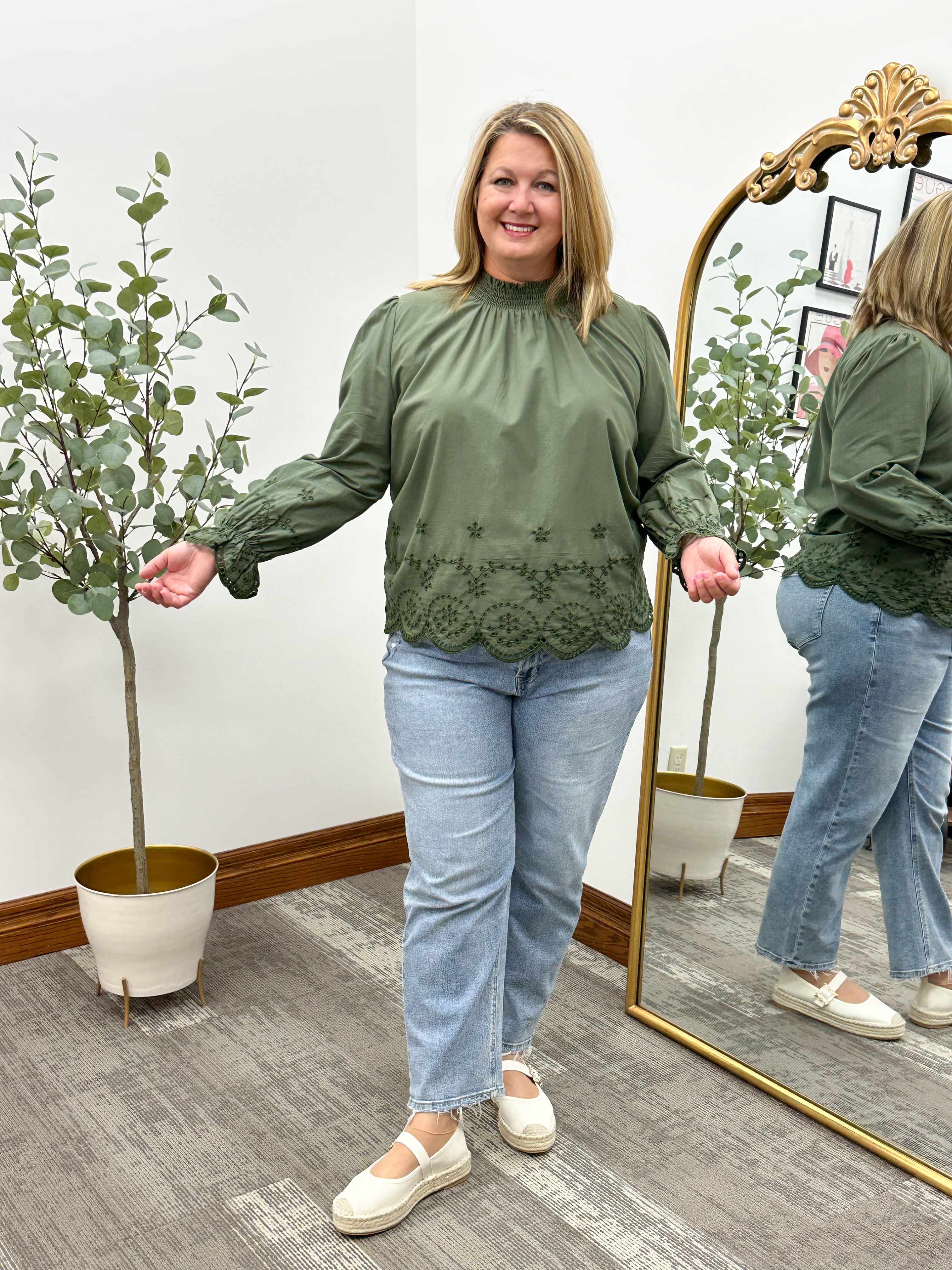 Plus Size Olive Scallop Hem Eyelet Top