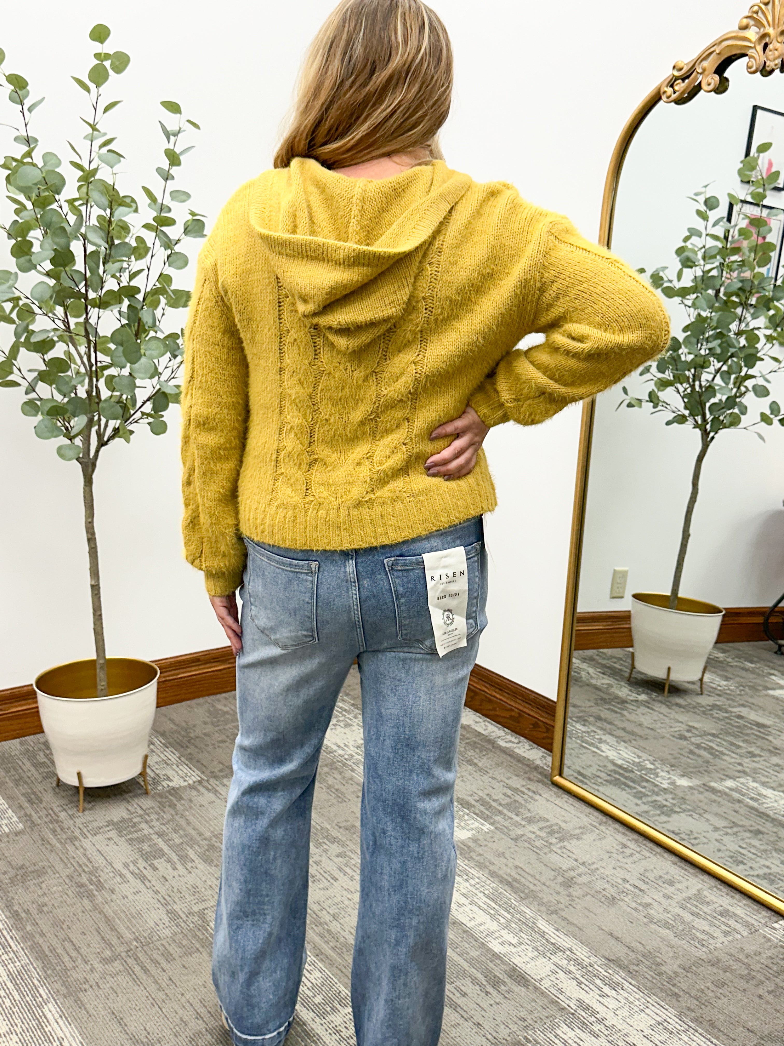 Mustard Hooded Cable Cardigan