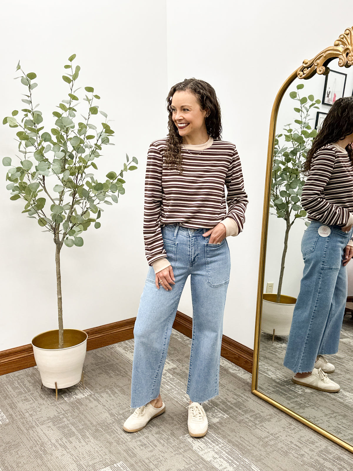 Brown Multi Stripe Textured Long Sleeve Top