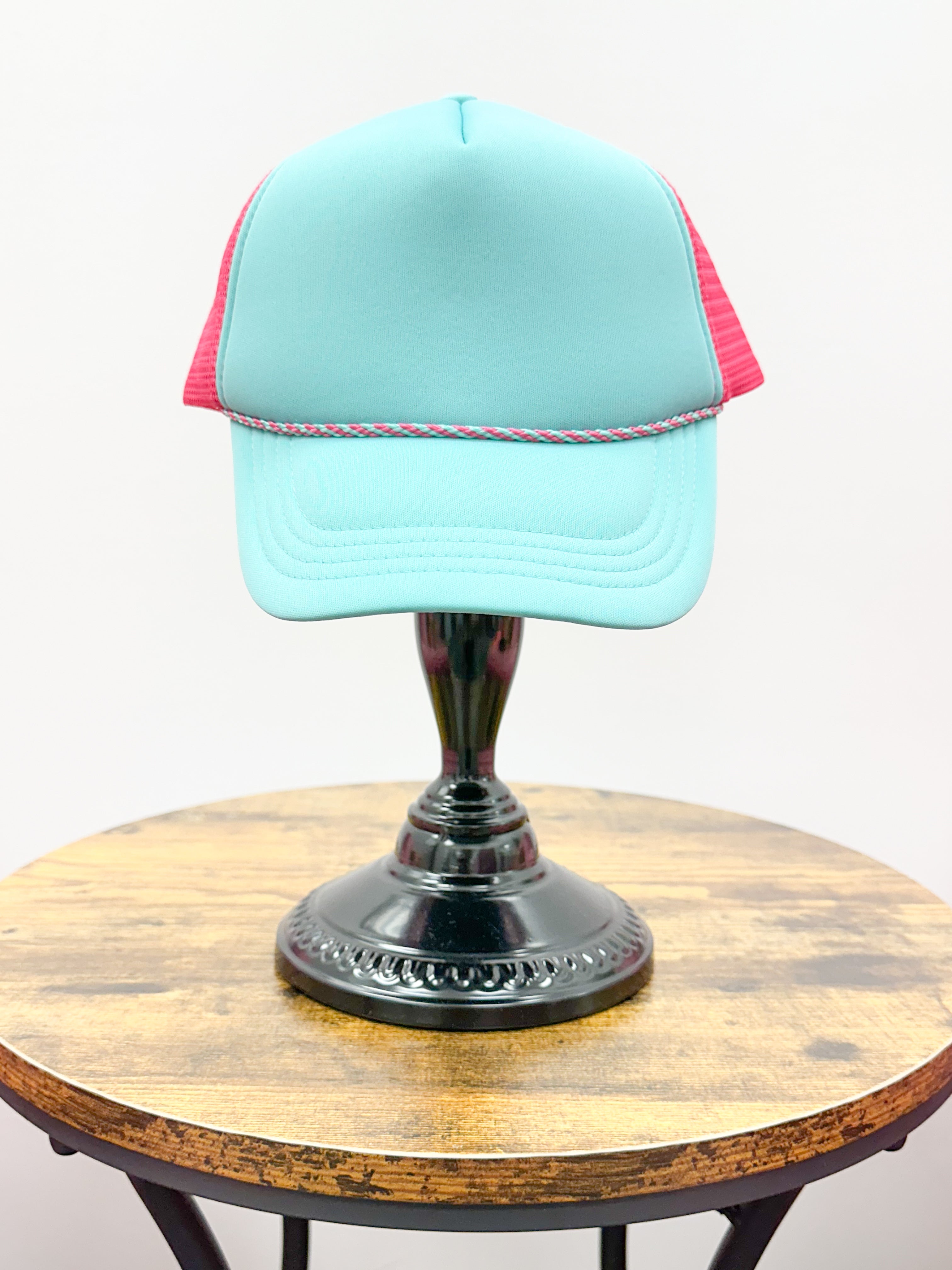 Colorful Foam Rope Trucker Hat, teal and pink trucker hat