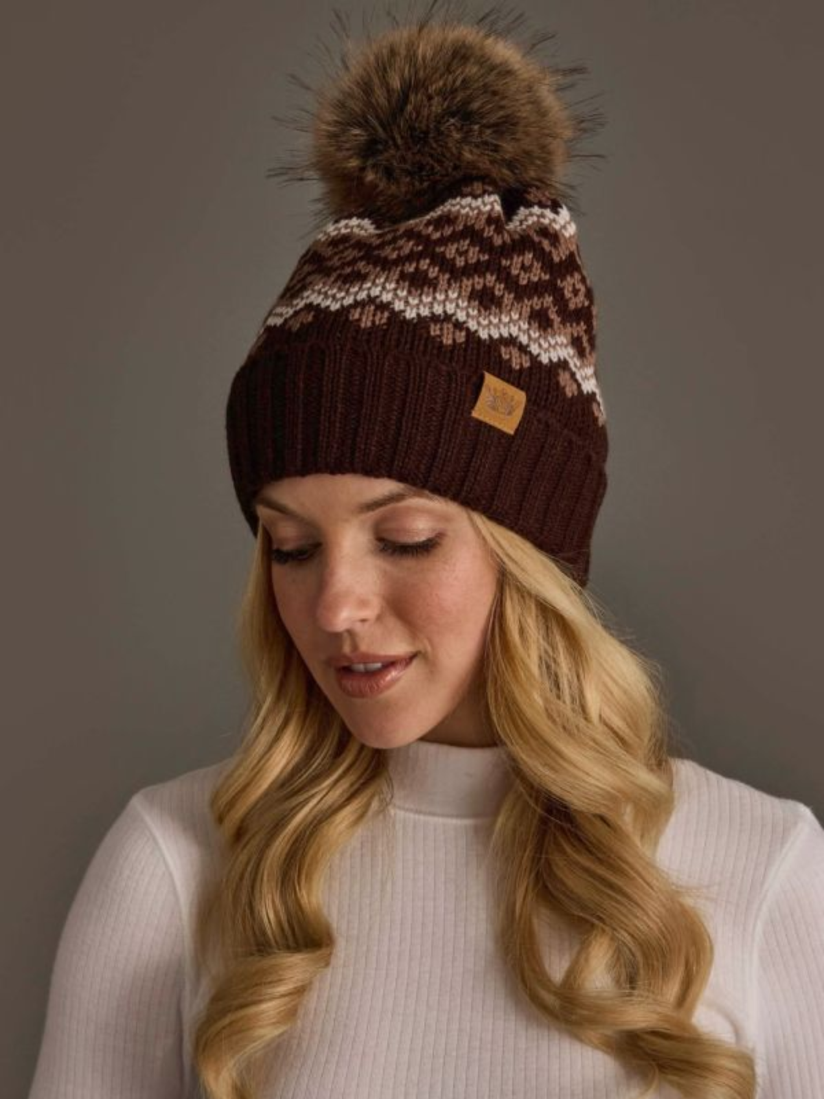 Brown & Mocha Patterned Pom Hat