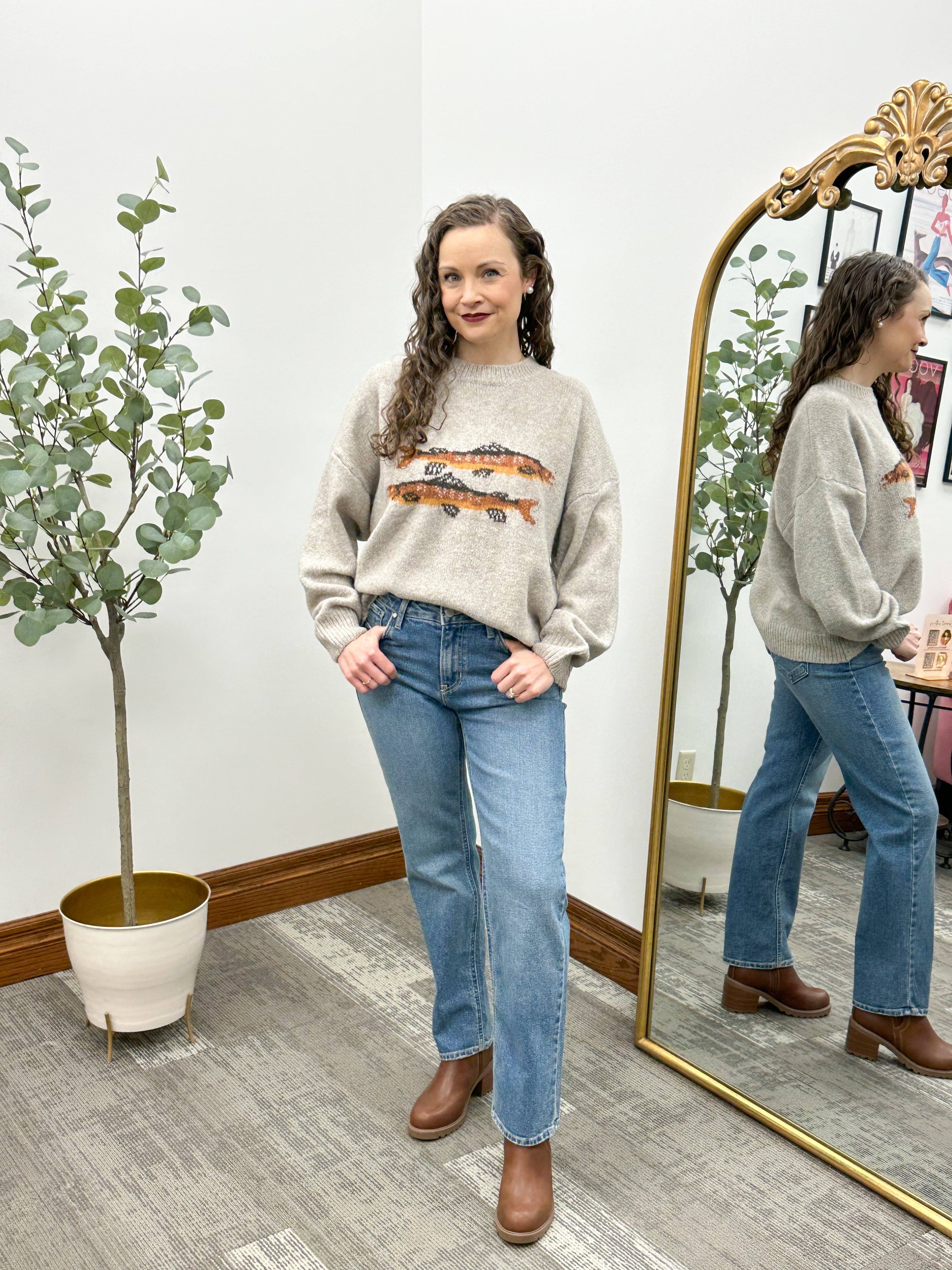 Taupe Drop Shoulder Fish Sweater