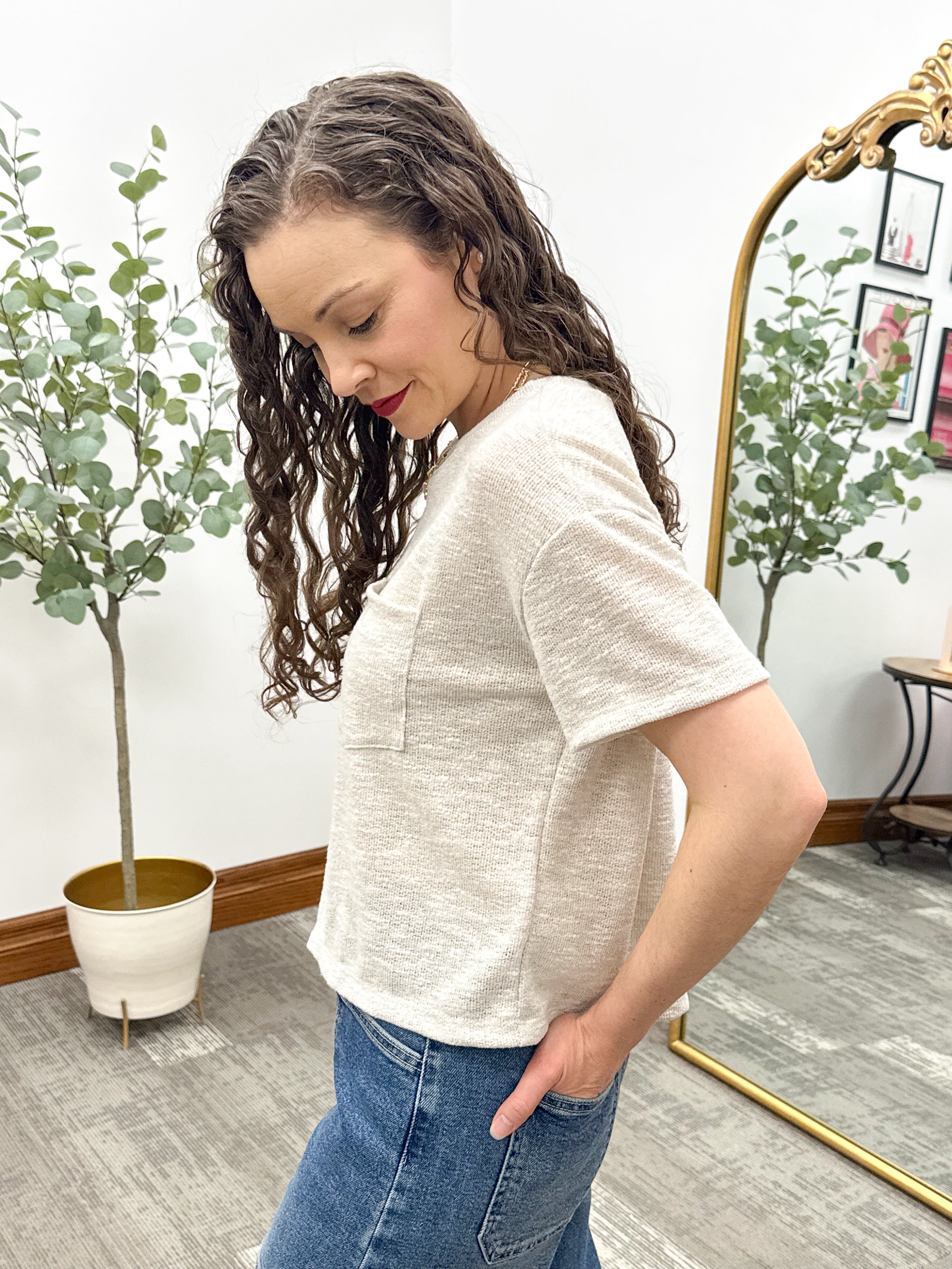 Beige Short Sleeve Knit Top