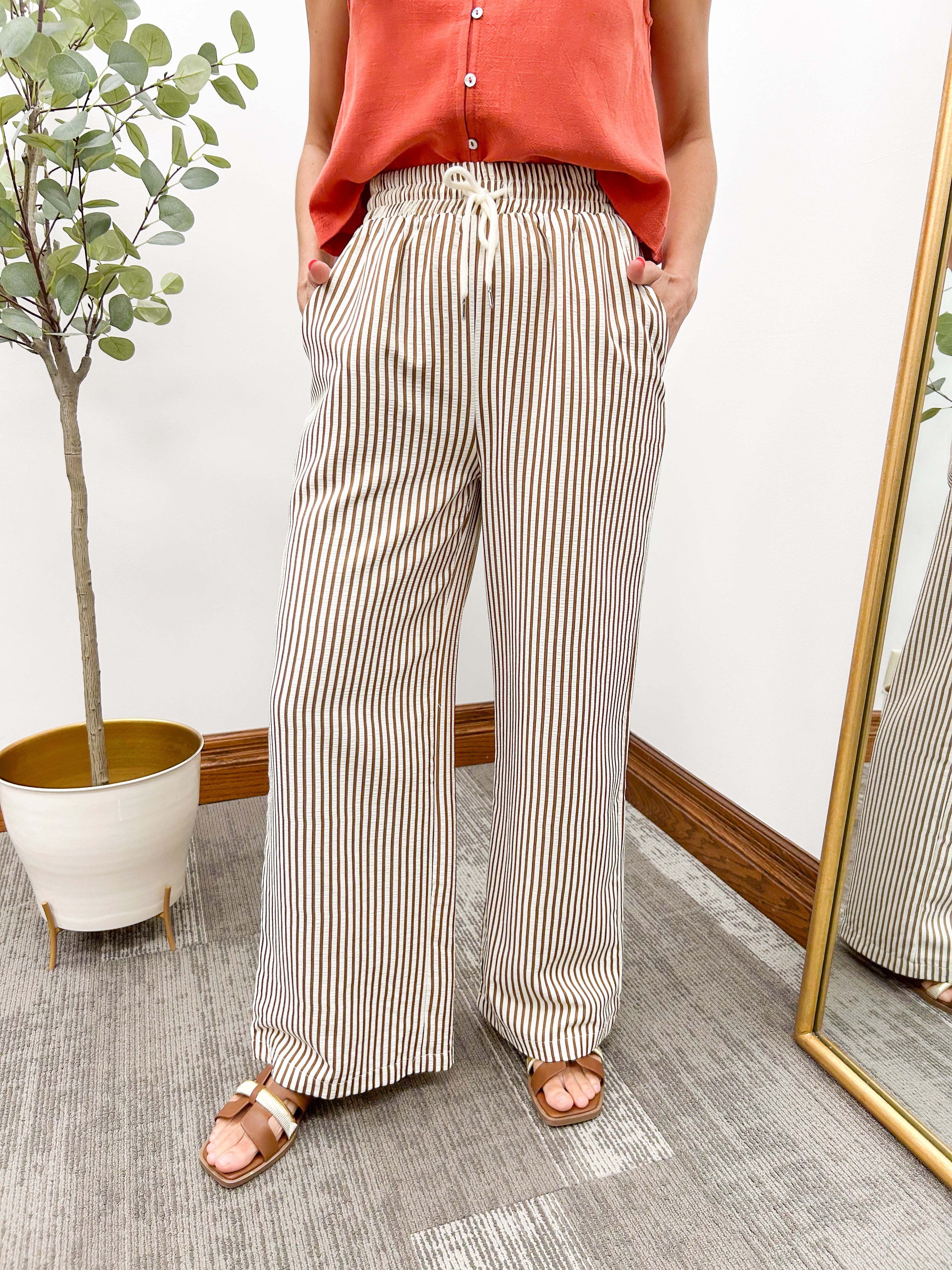 Cream and brown striped wide leg trouser pants, brown striped pants for work, family photo outfit