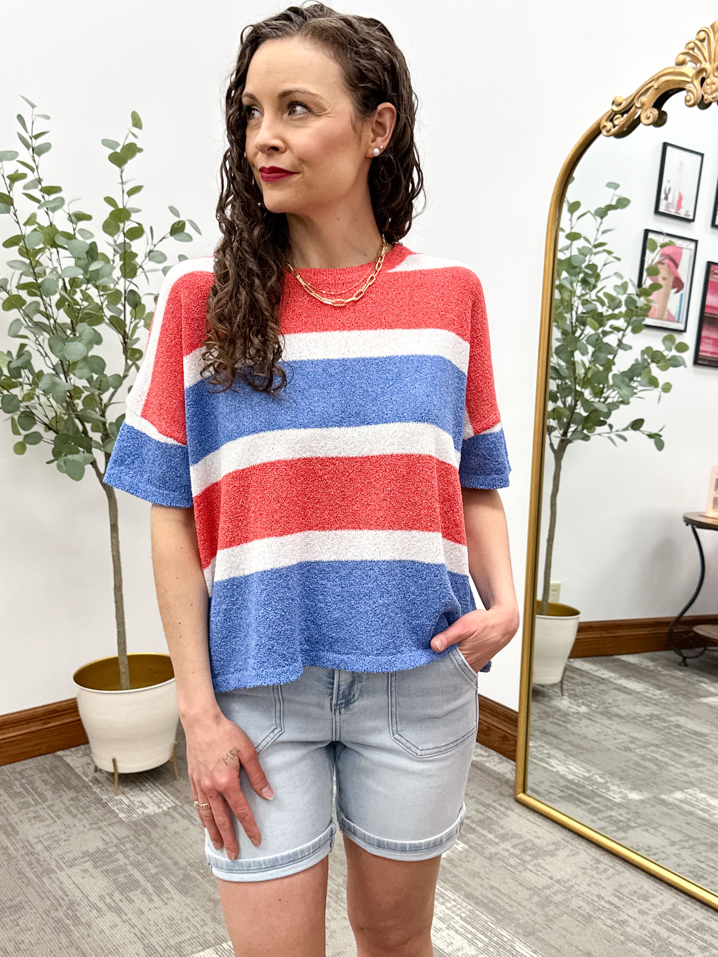 Red, White & Blue Striped Boxy Sweater Top