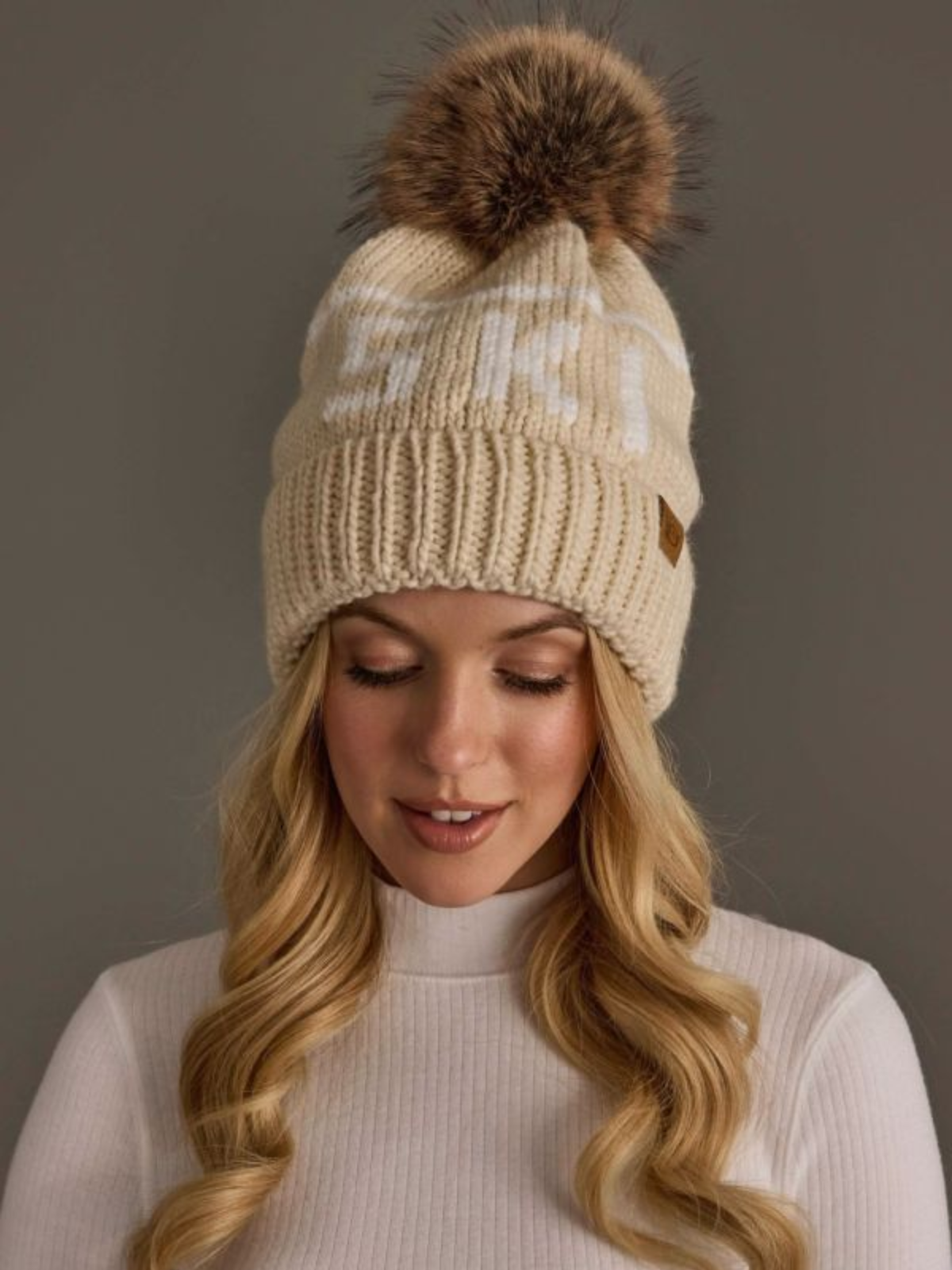 Beige & Ivory "SKI" Knit Pom Hat