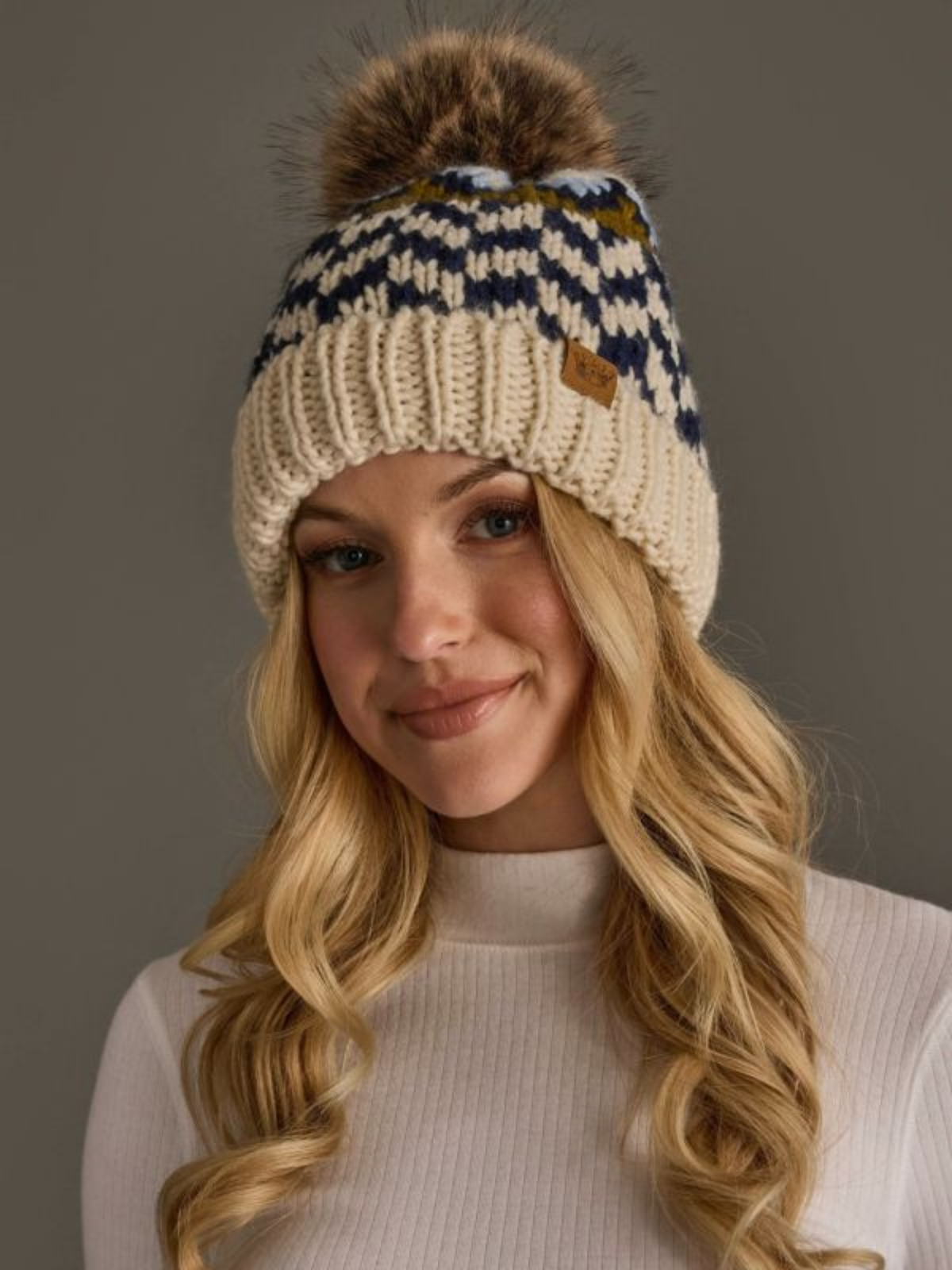 Cream & Navy Patterned Pom Hat