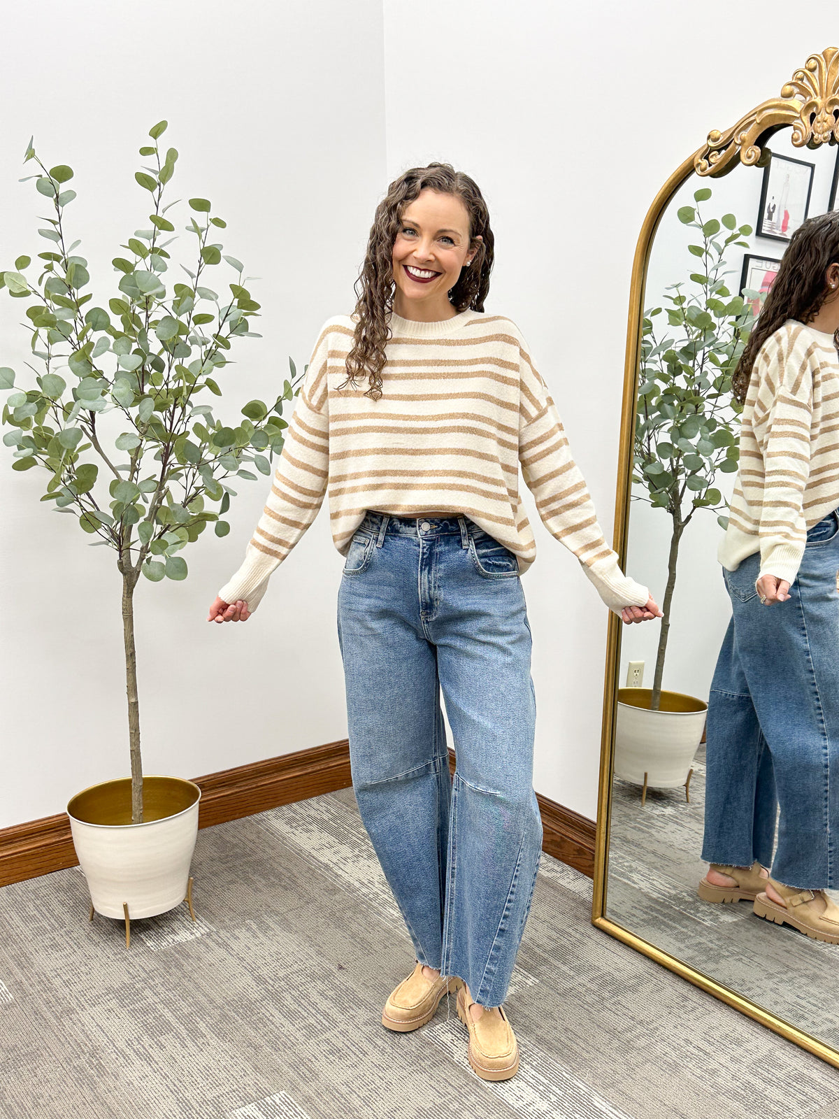 Taupe & Cream Striped Crew Neck Sweater