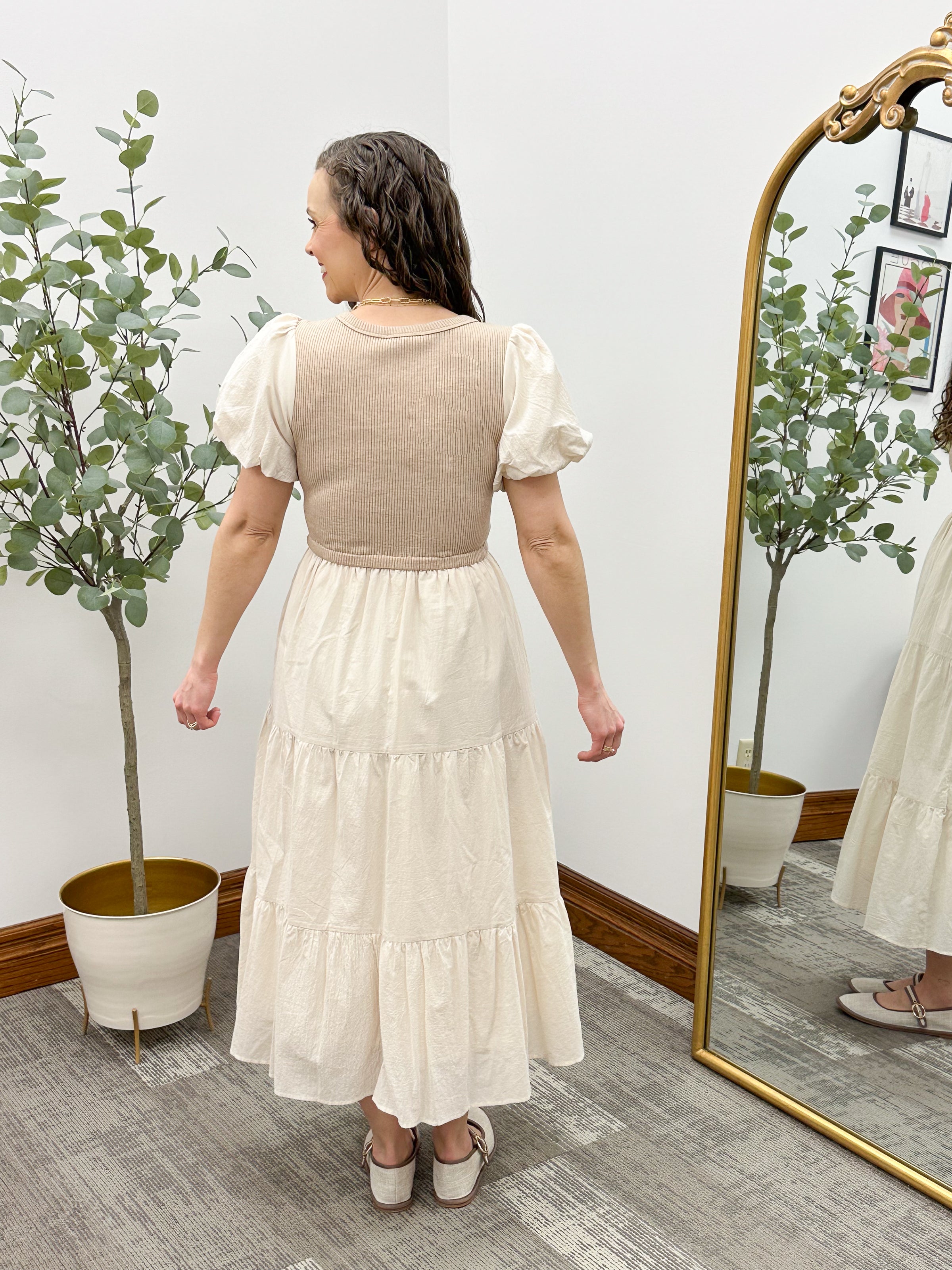 Neutral Mixed Material Maxi Dress