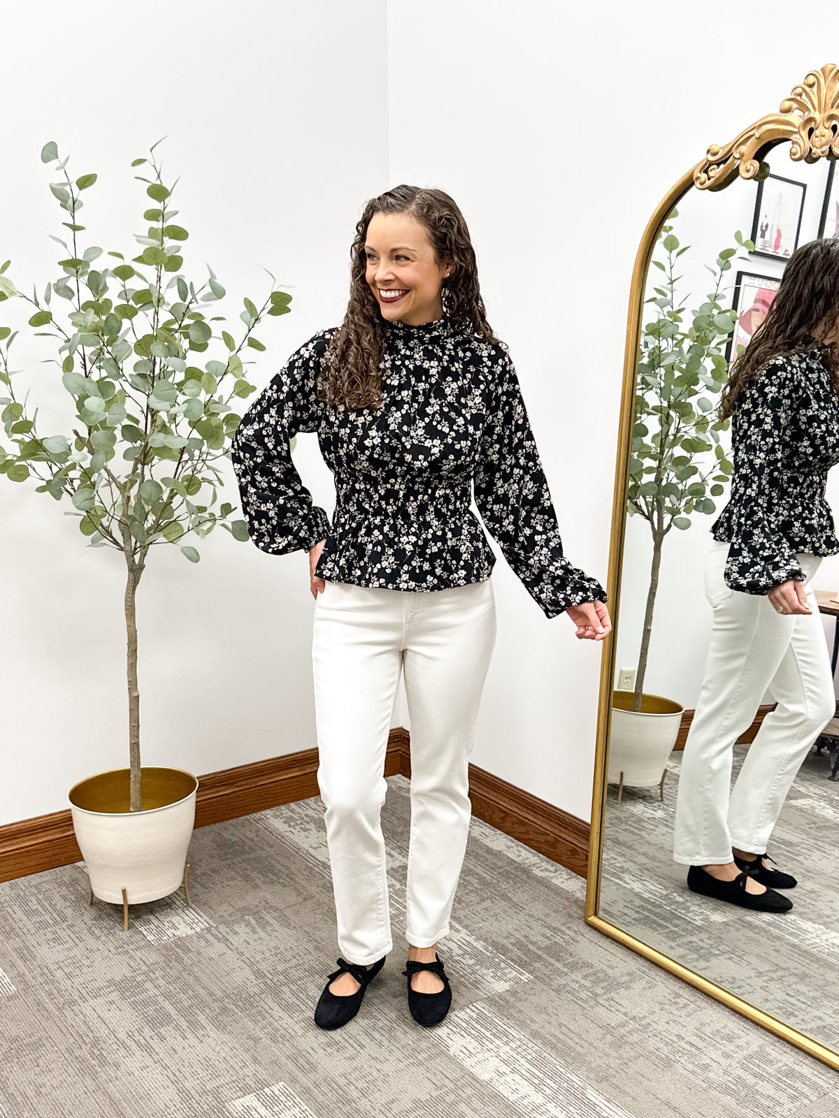 Black Floral Smocked Peplum Blouse