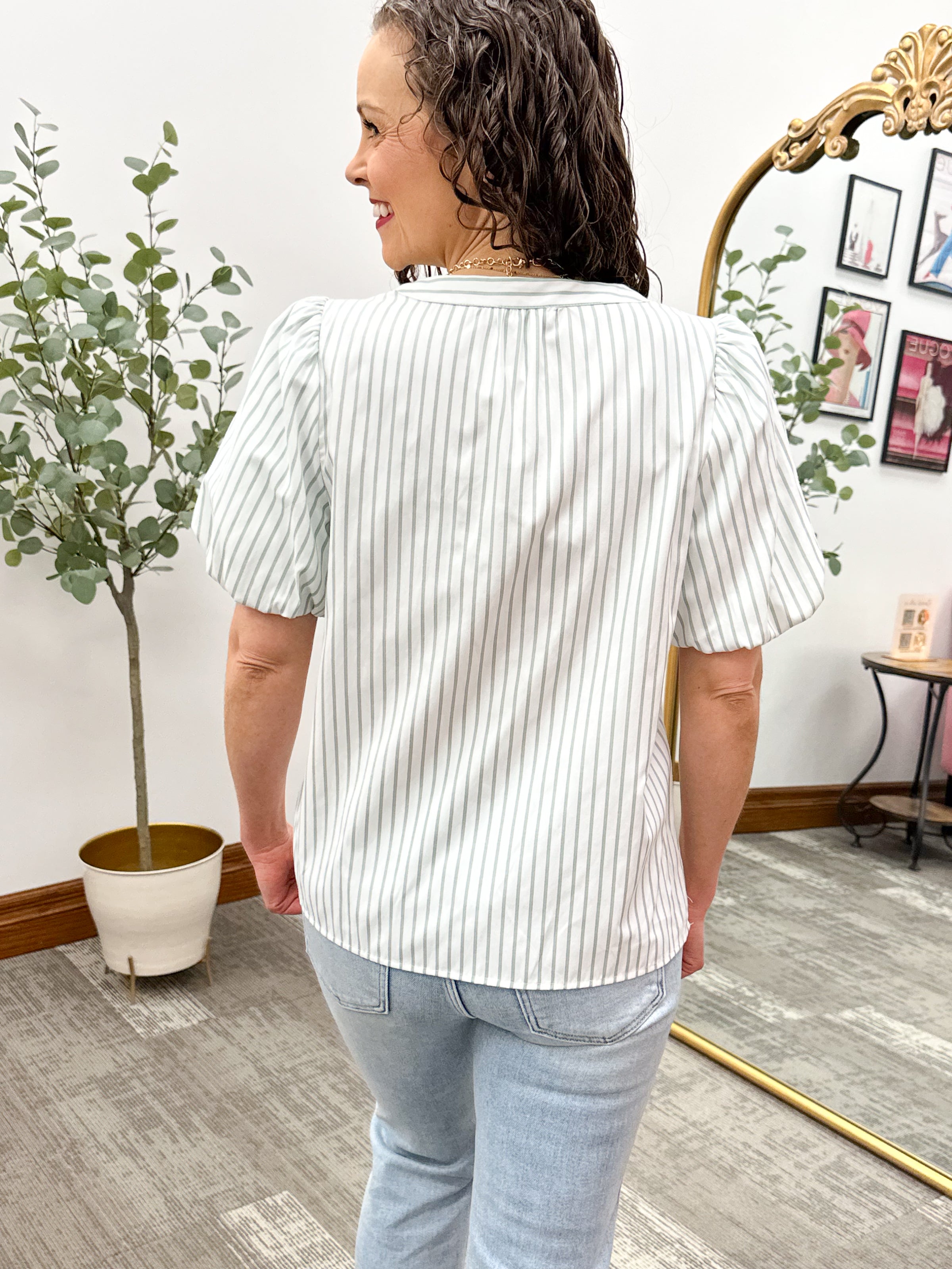 Sage & White Striped Puff Sleeve Blouse
