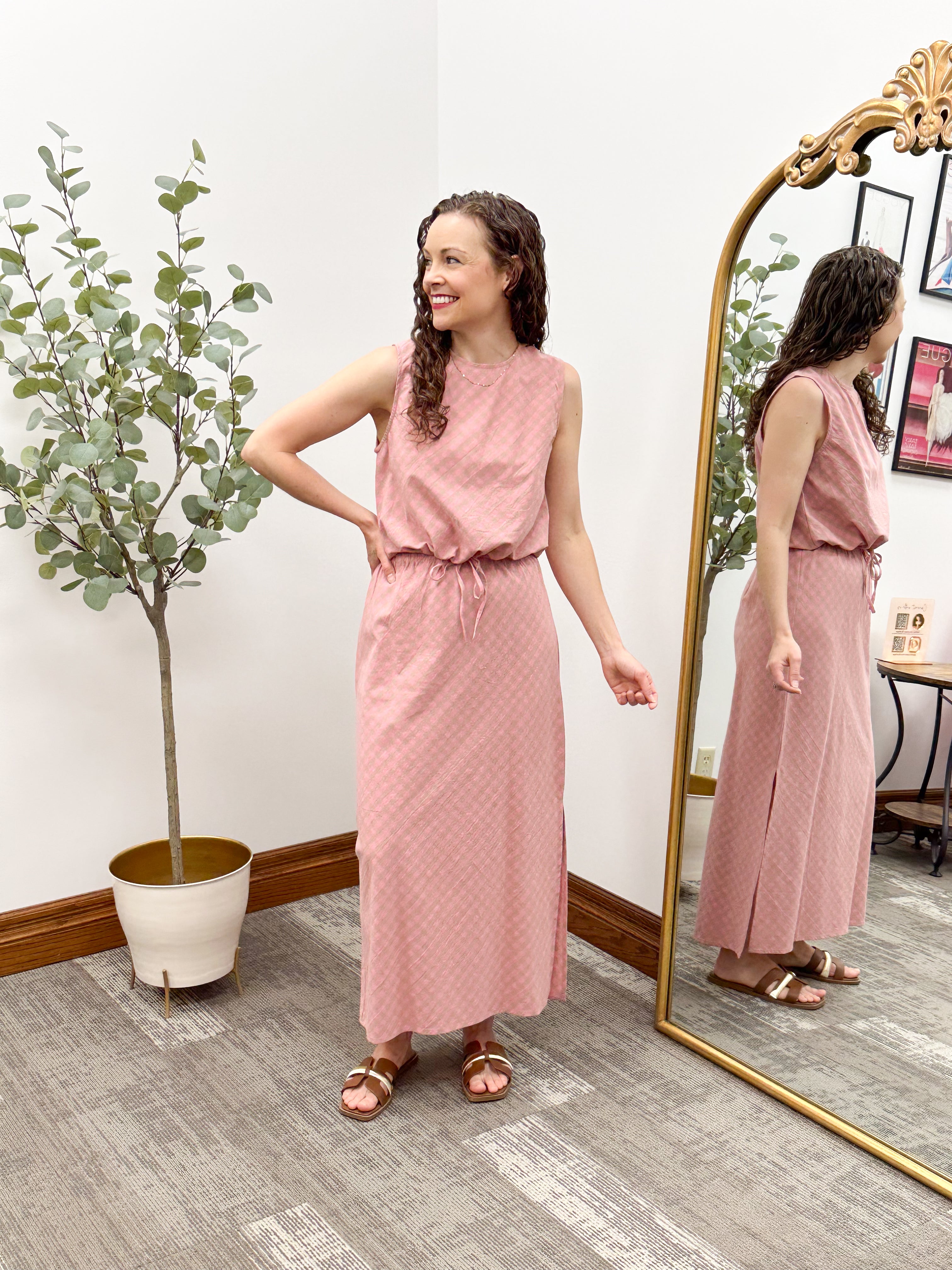 Pink & Mocha Gingham Tank & Skirt Set