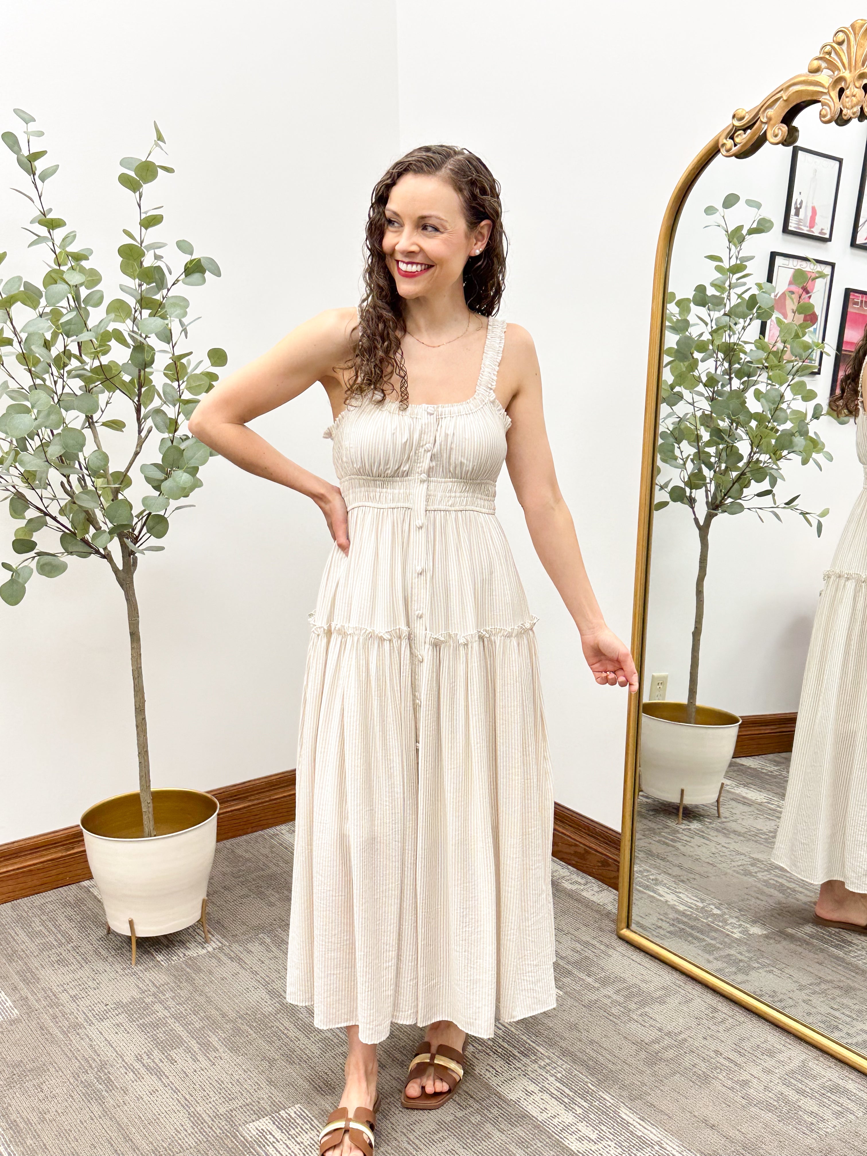 Neutral Striped Midi Sun Dress