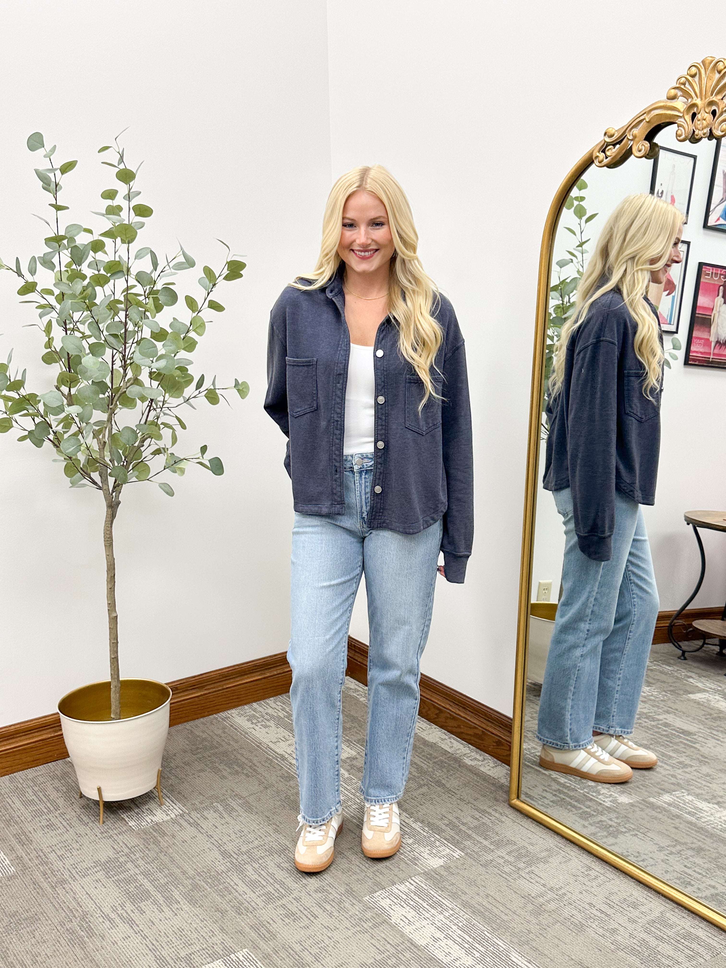 Navy Washed Soft Terry Cropped Shacket