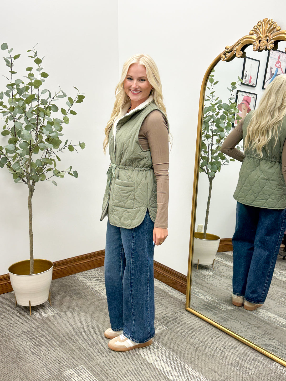 Olive Sherpa Lined Quilted Vest
