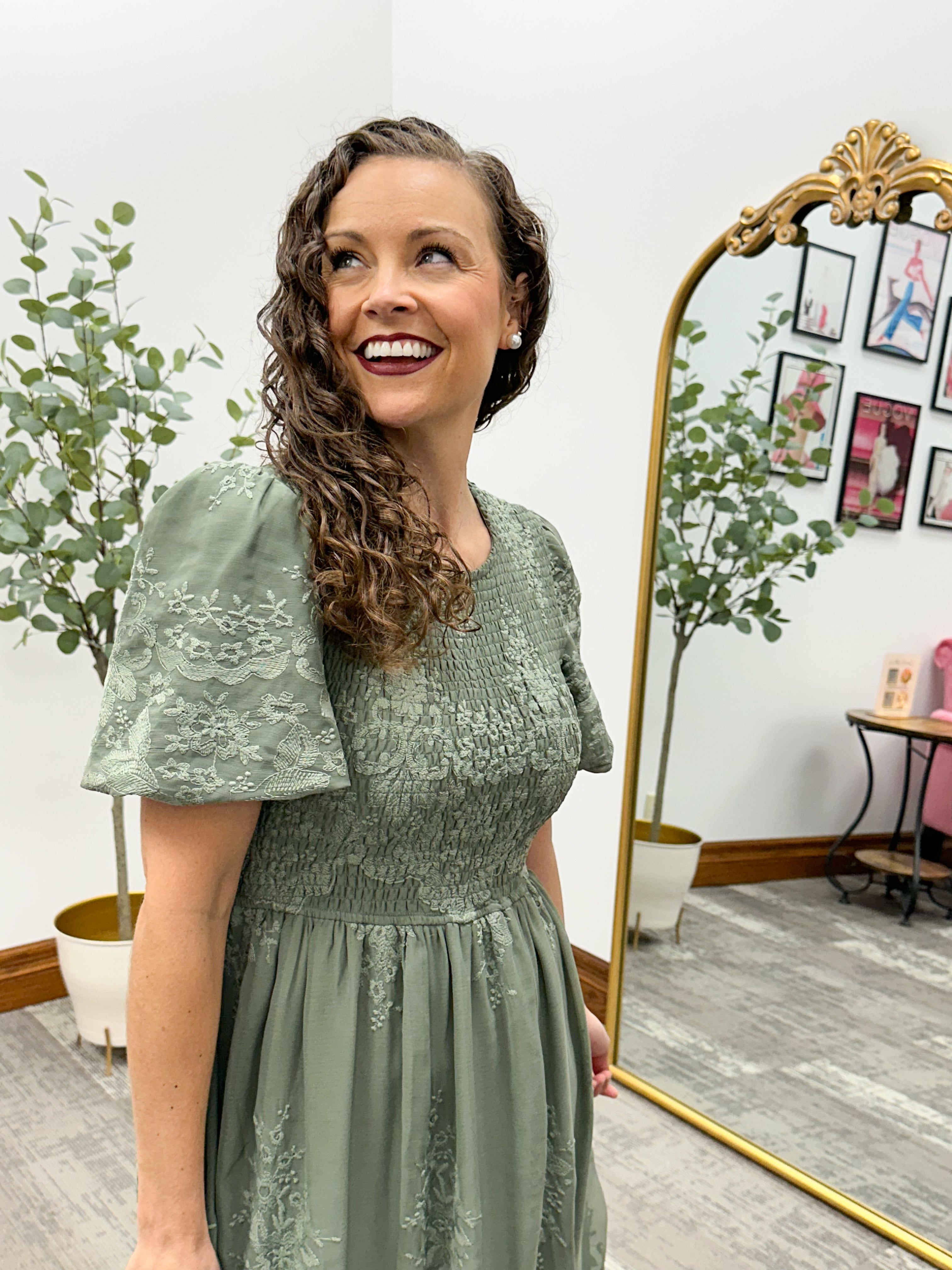 Olive Floral Embroidered Midi Dress