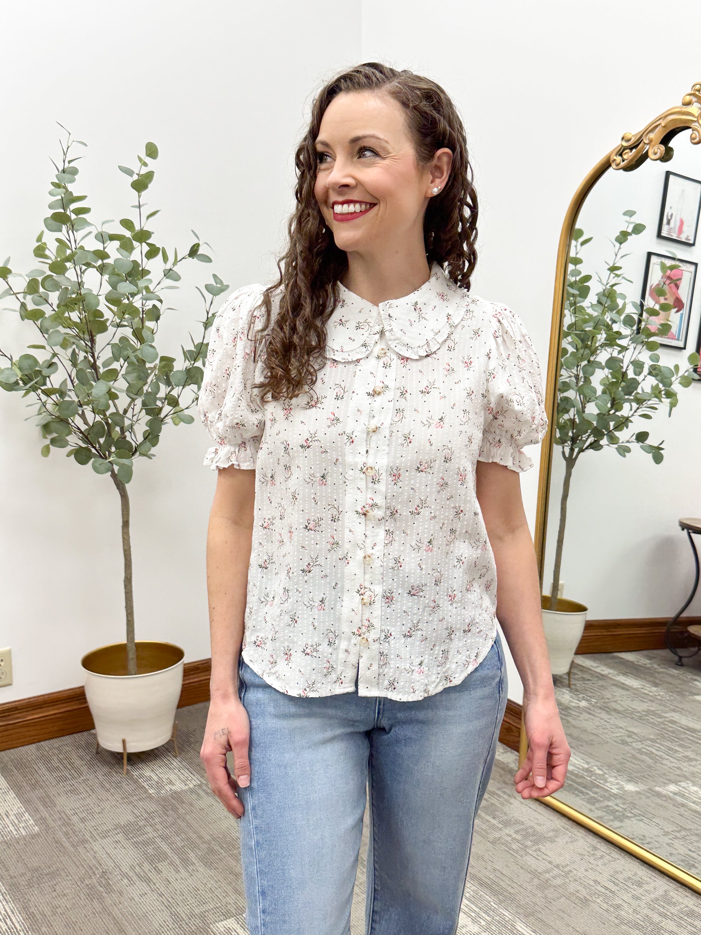 Floral Button Up Peter Pan Collared Blouse
