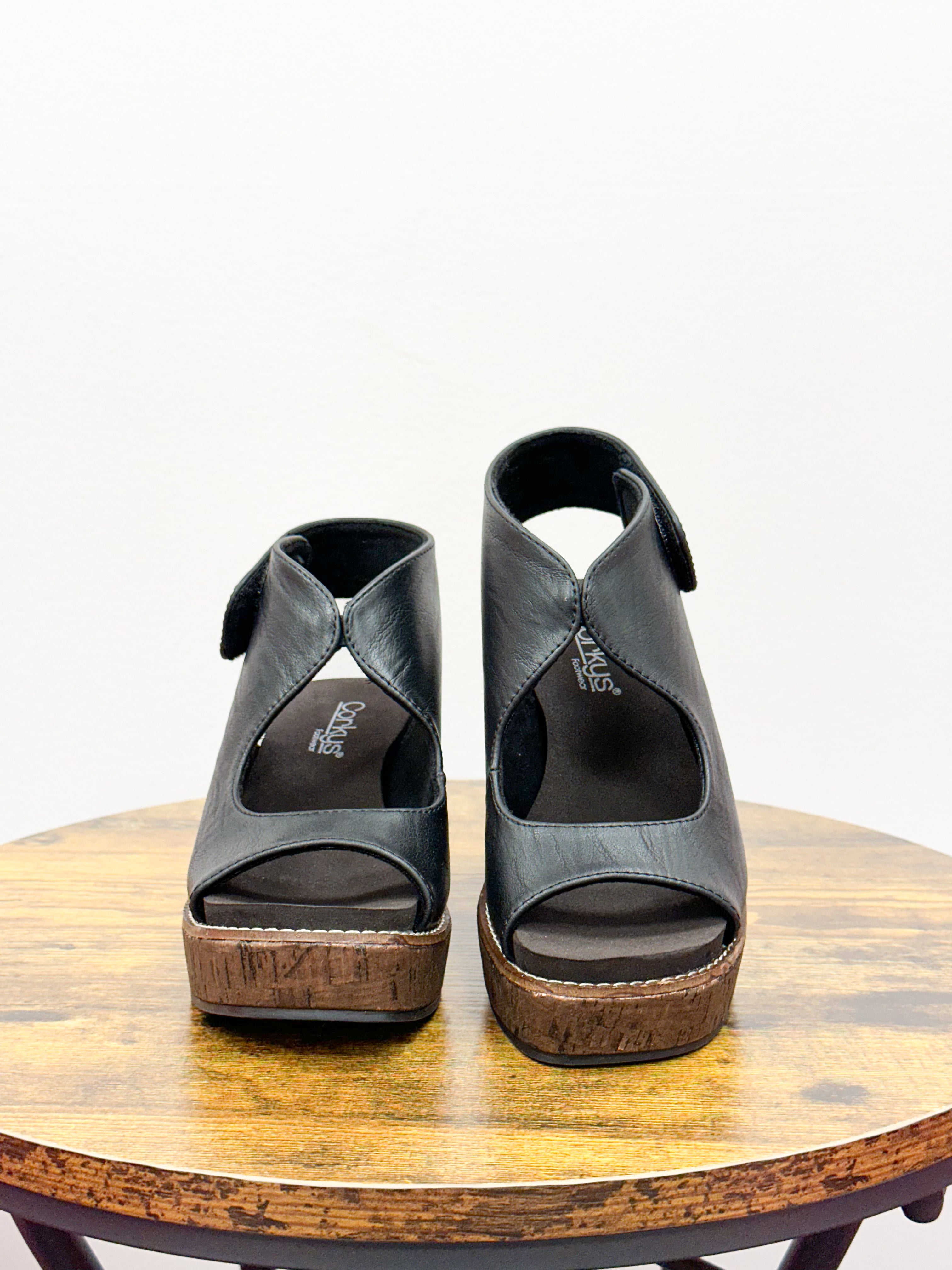Corkys Let’s Talk About It Black Wedges
