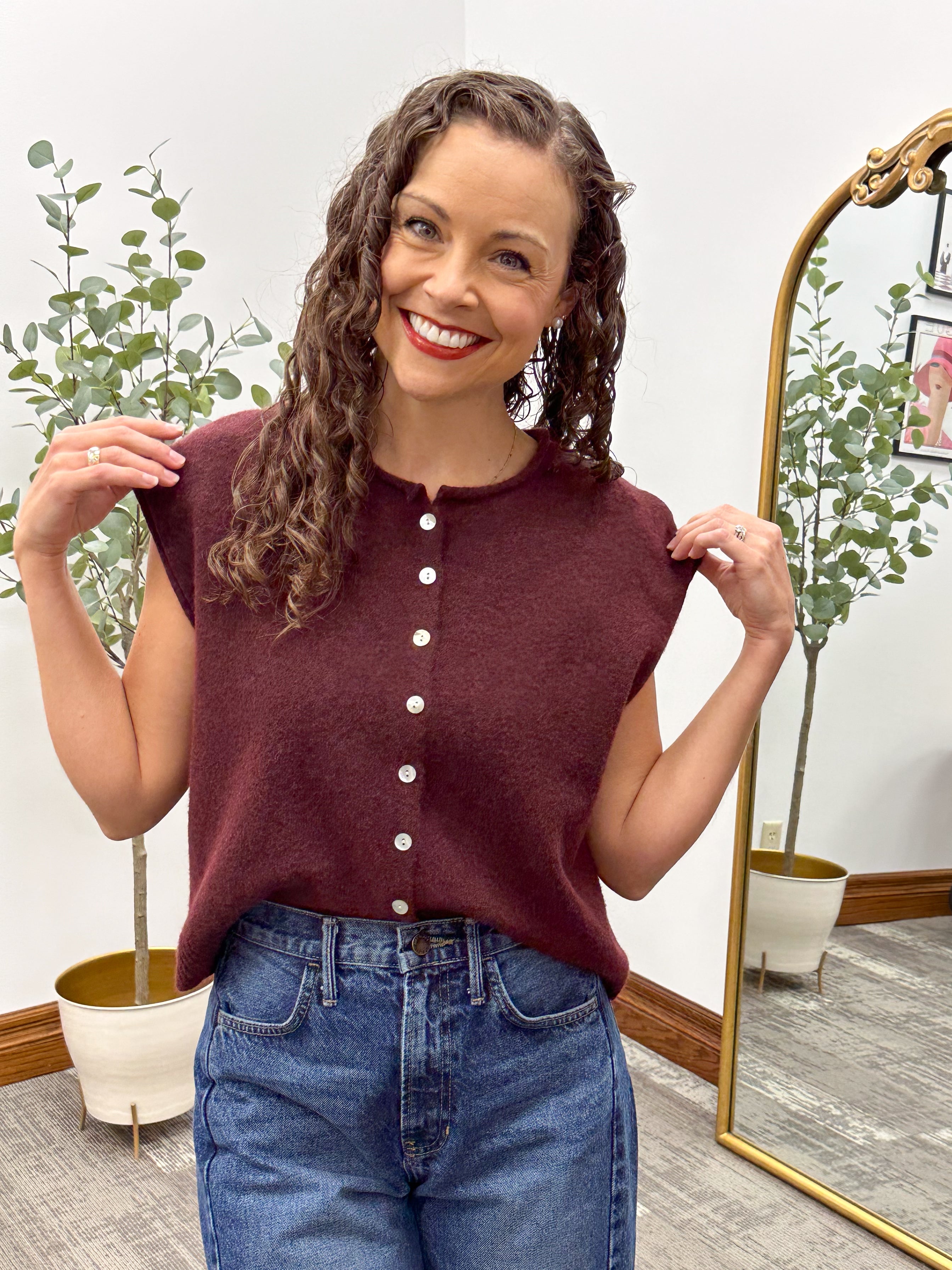 Maroon Lightweight Sleeveless Button Cardigan