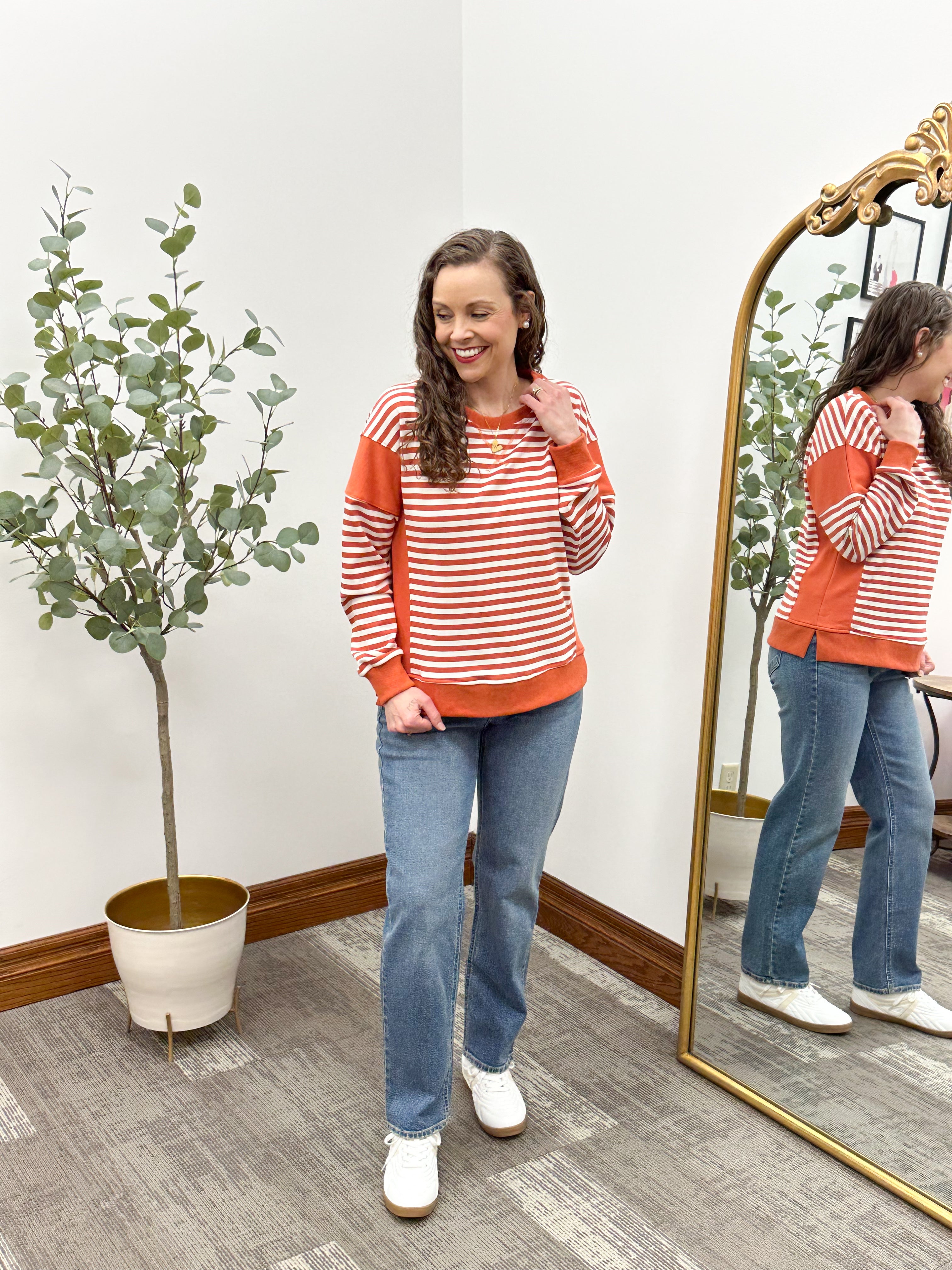 Orange & Ivory Striped Color Block Sweatshirt