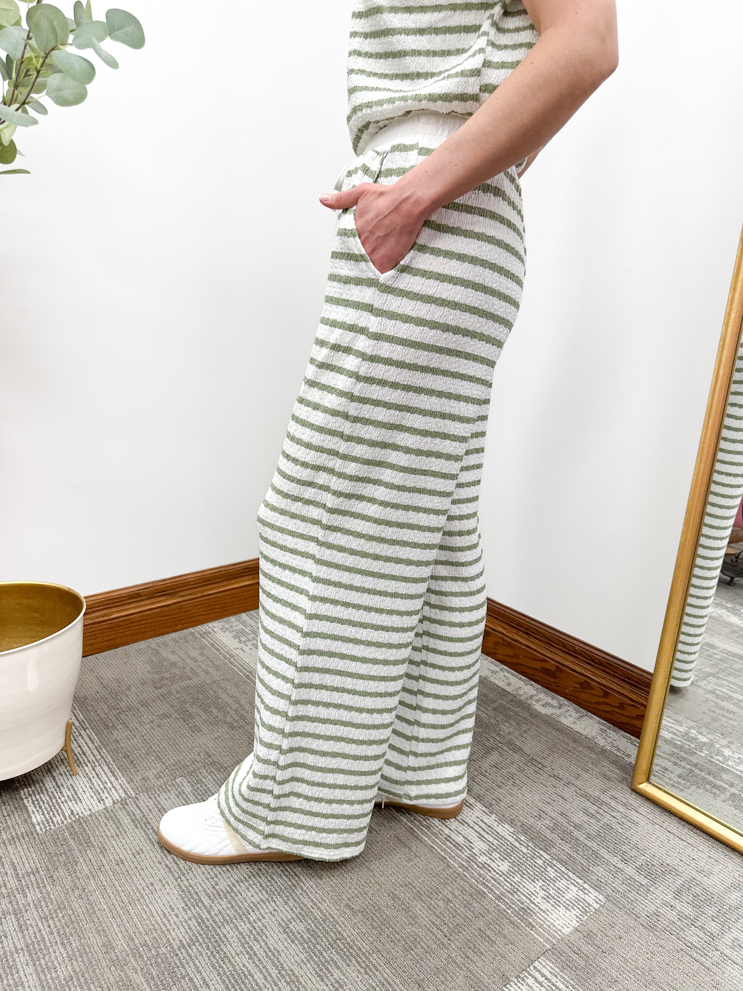 Olive Textured Striped Pants