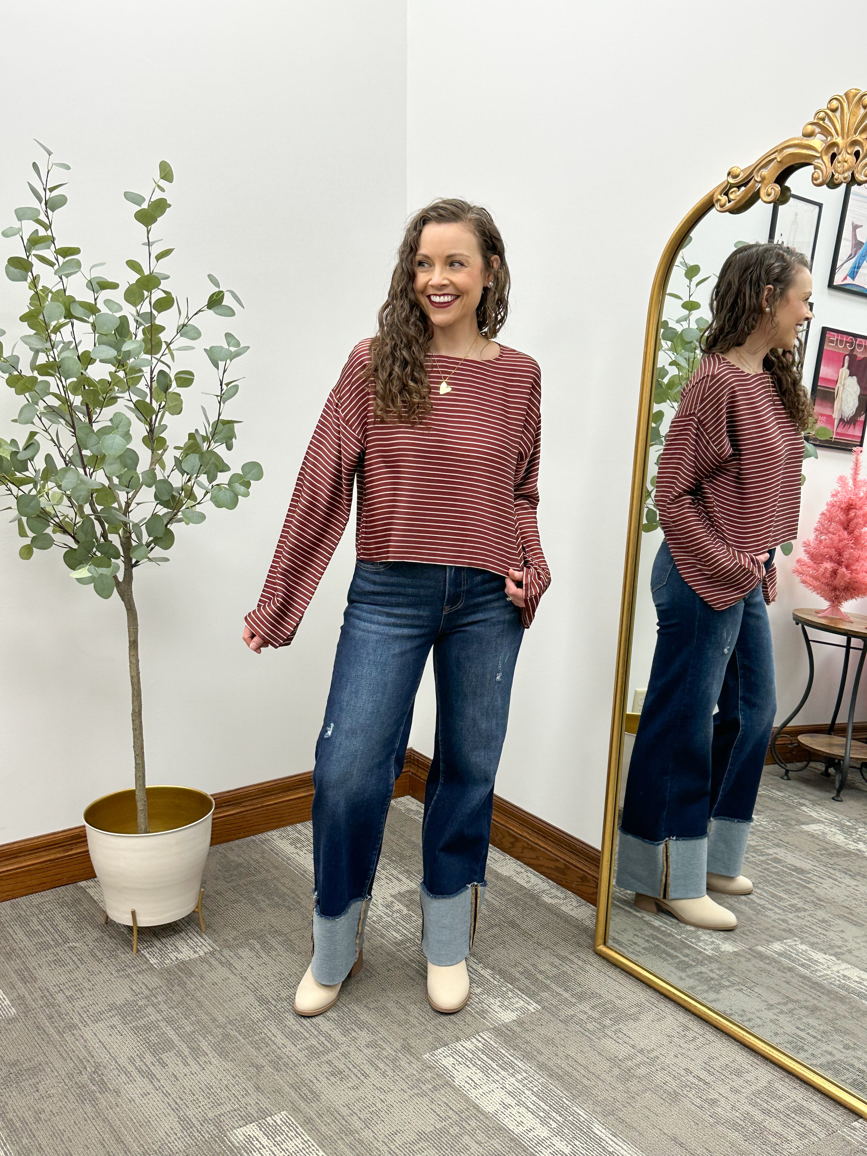 Burgundy & Cream Striped Cropped Blouse