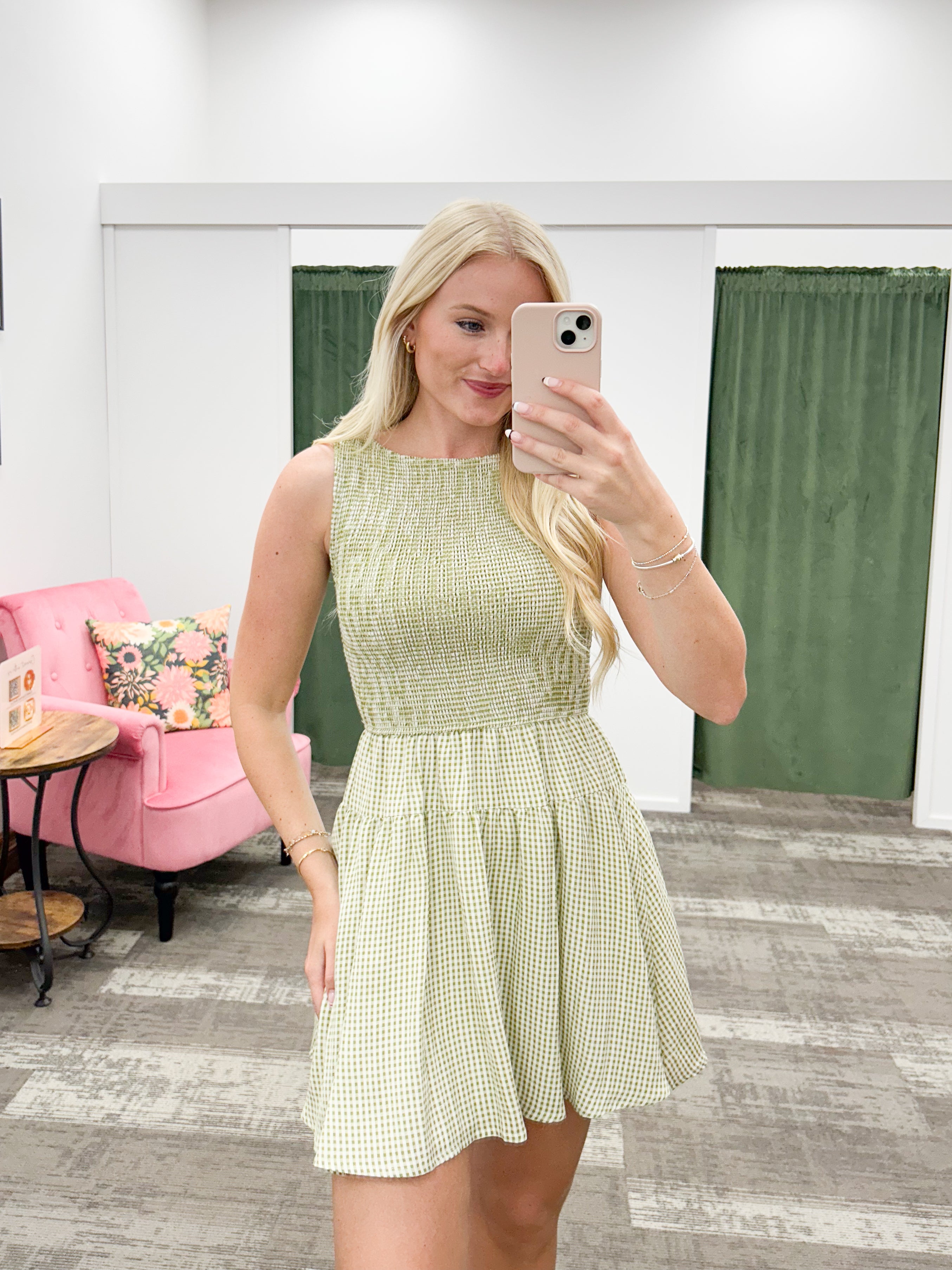 Green Gingham Smocked Mini Dress