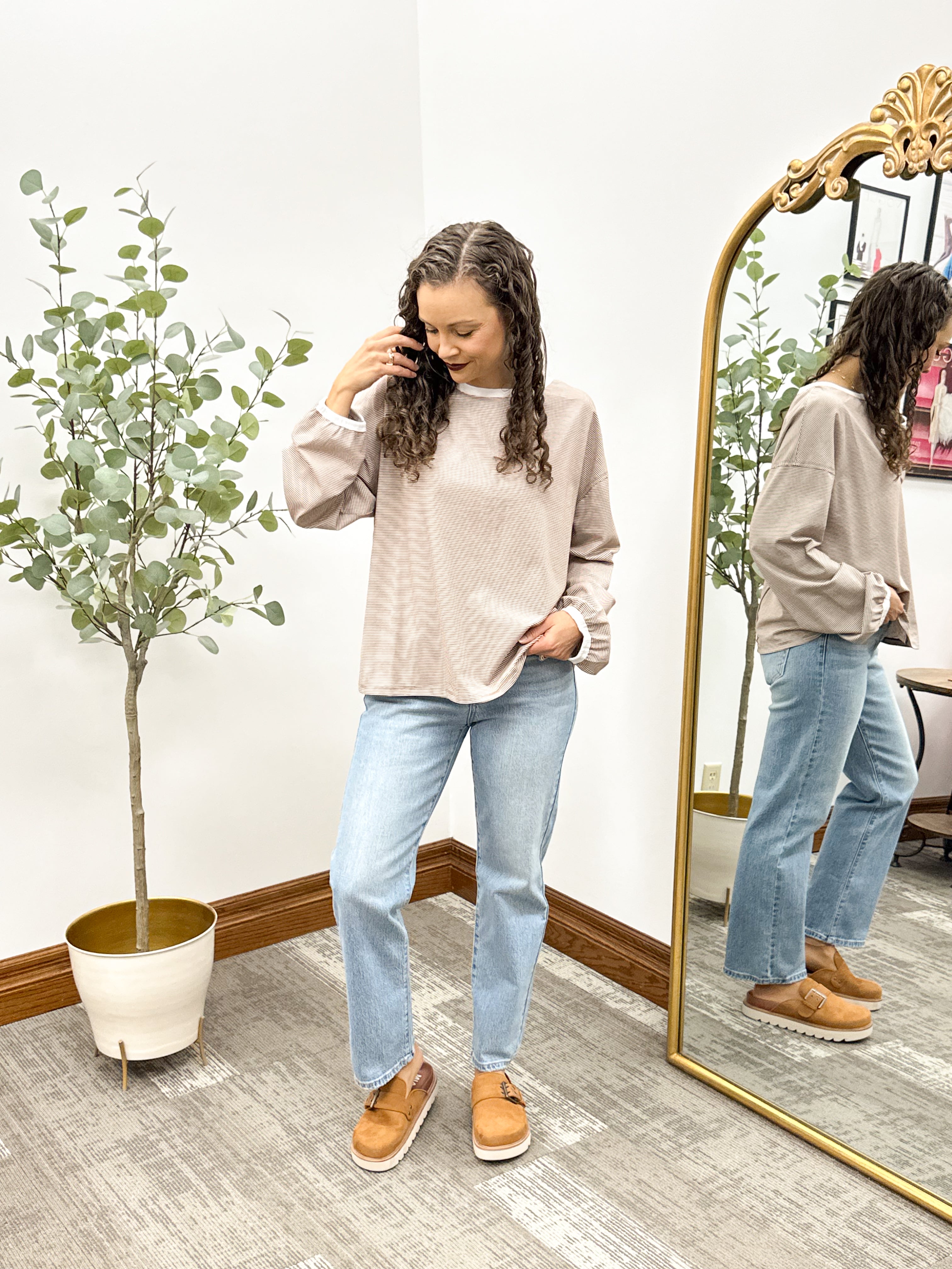 Striped Contrast Trim Long Sleeve Top