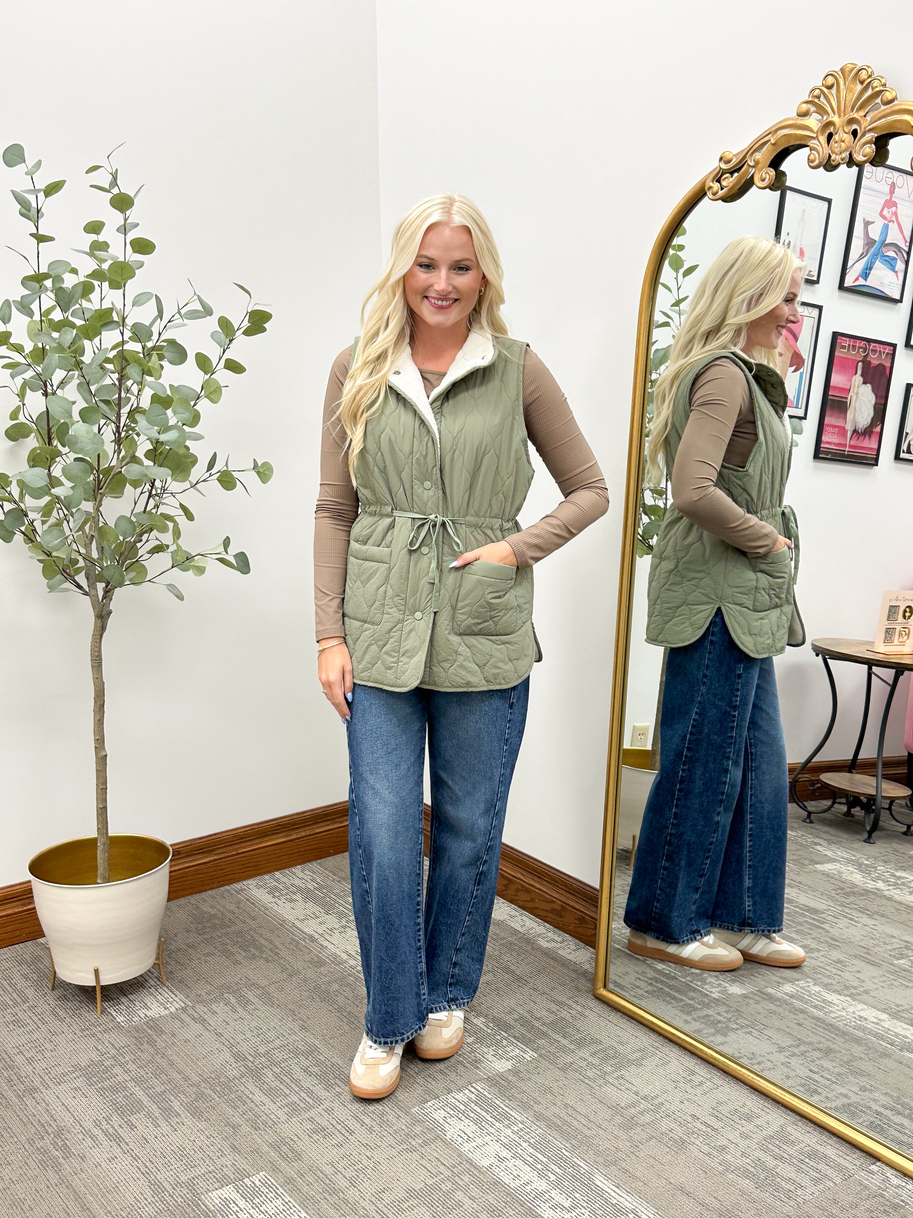 Olive Sherpa Lined Quilted Vest