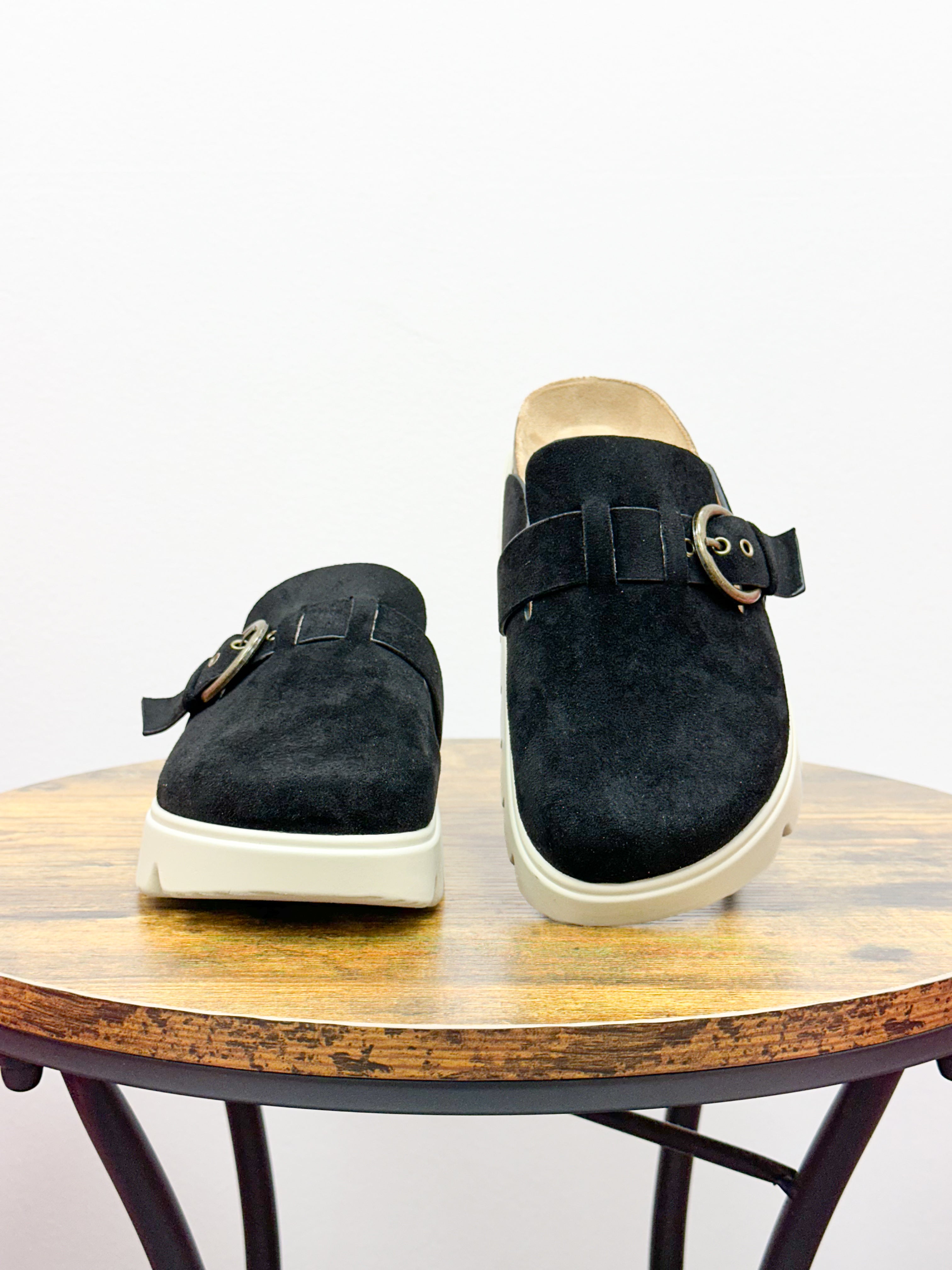 Corkys Tardy Black Faux Suede Platform Mules