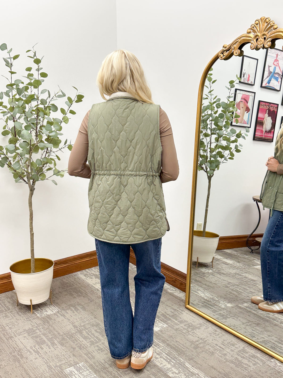 Olive Sherpa Lined Quilted Vest
