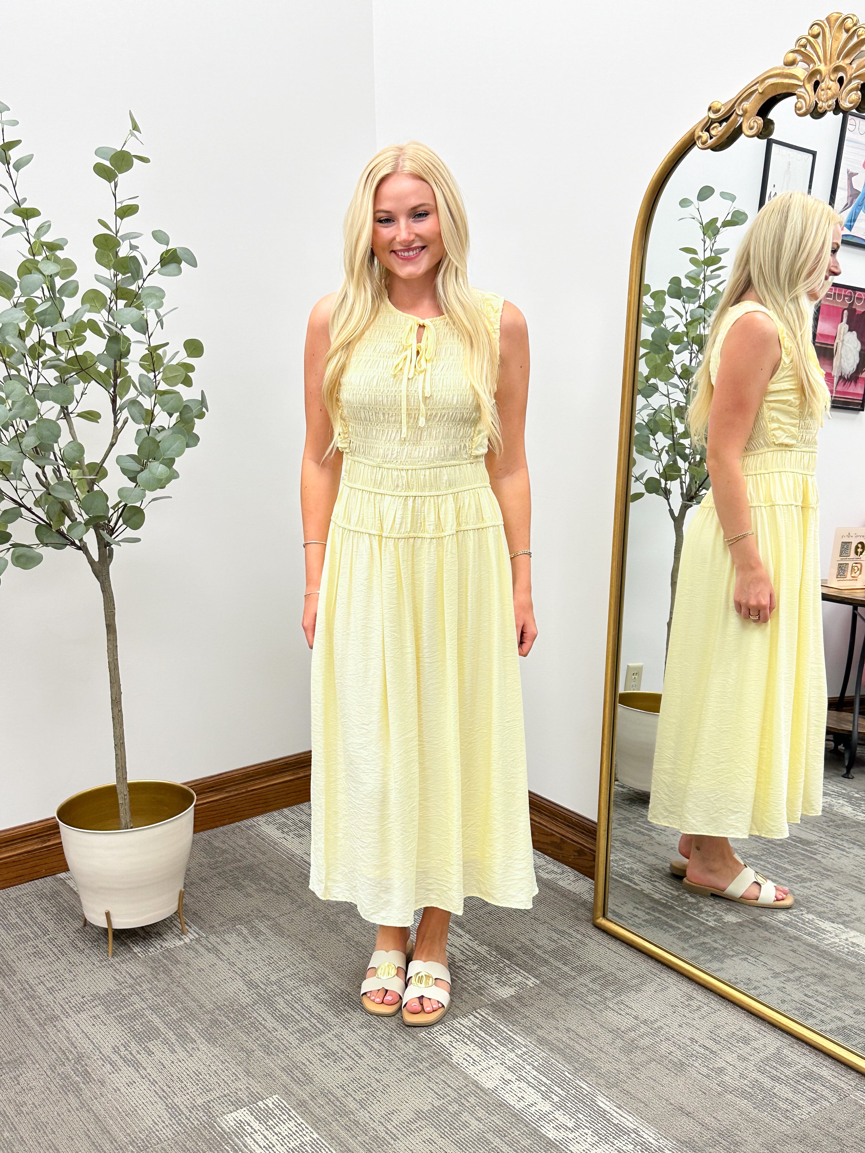 Yellow Front Tie Smocked Midi Dress