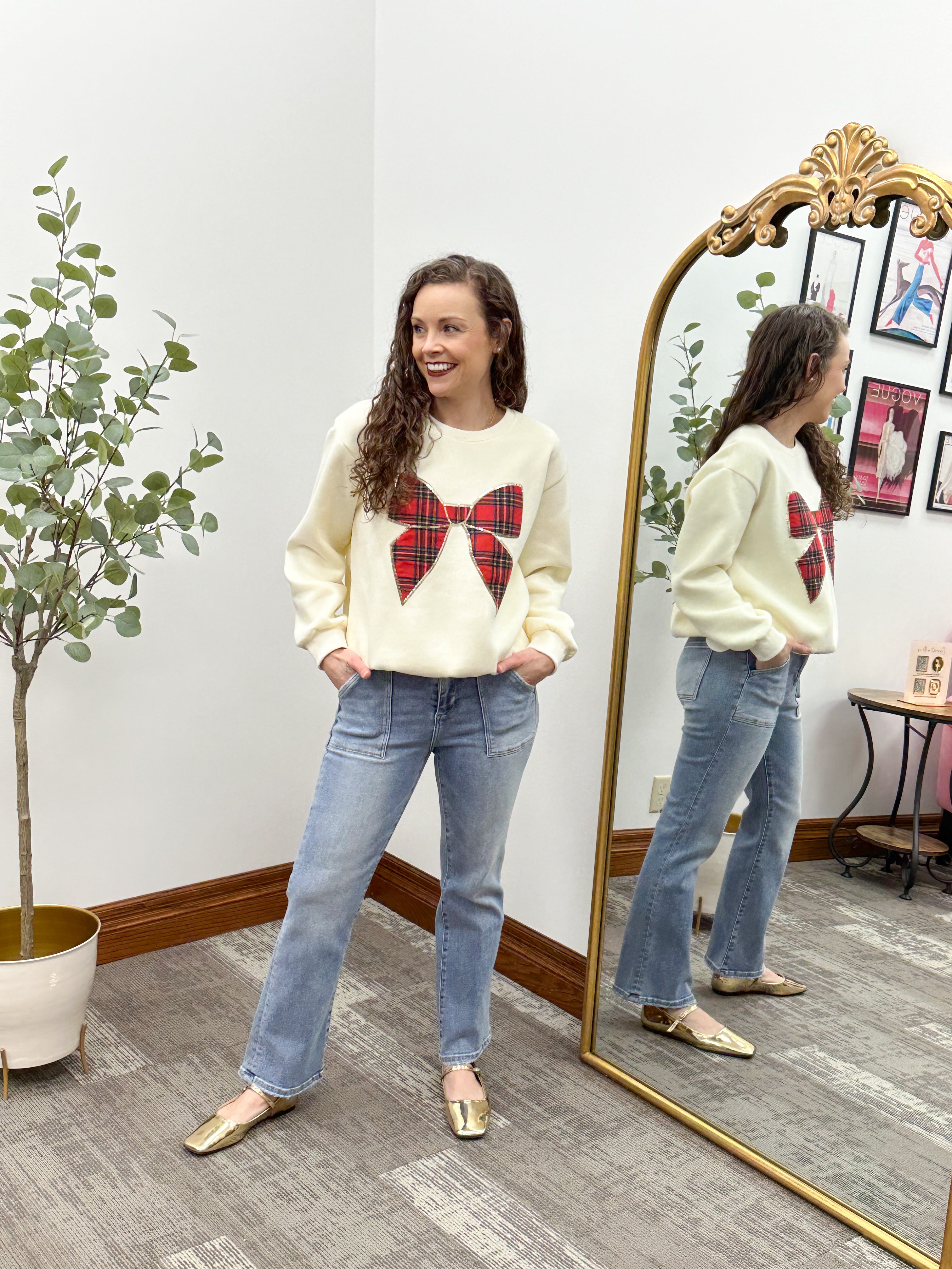 Red Plaid Flannel Bow Sweatshirt