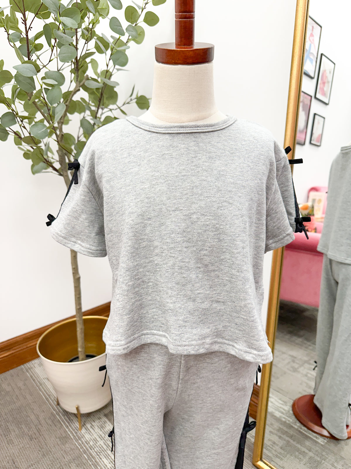 Girls Heather Gray Bow Sleeve T-Shirt